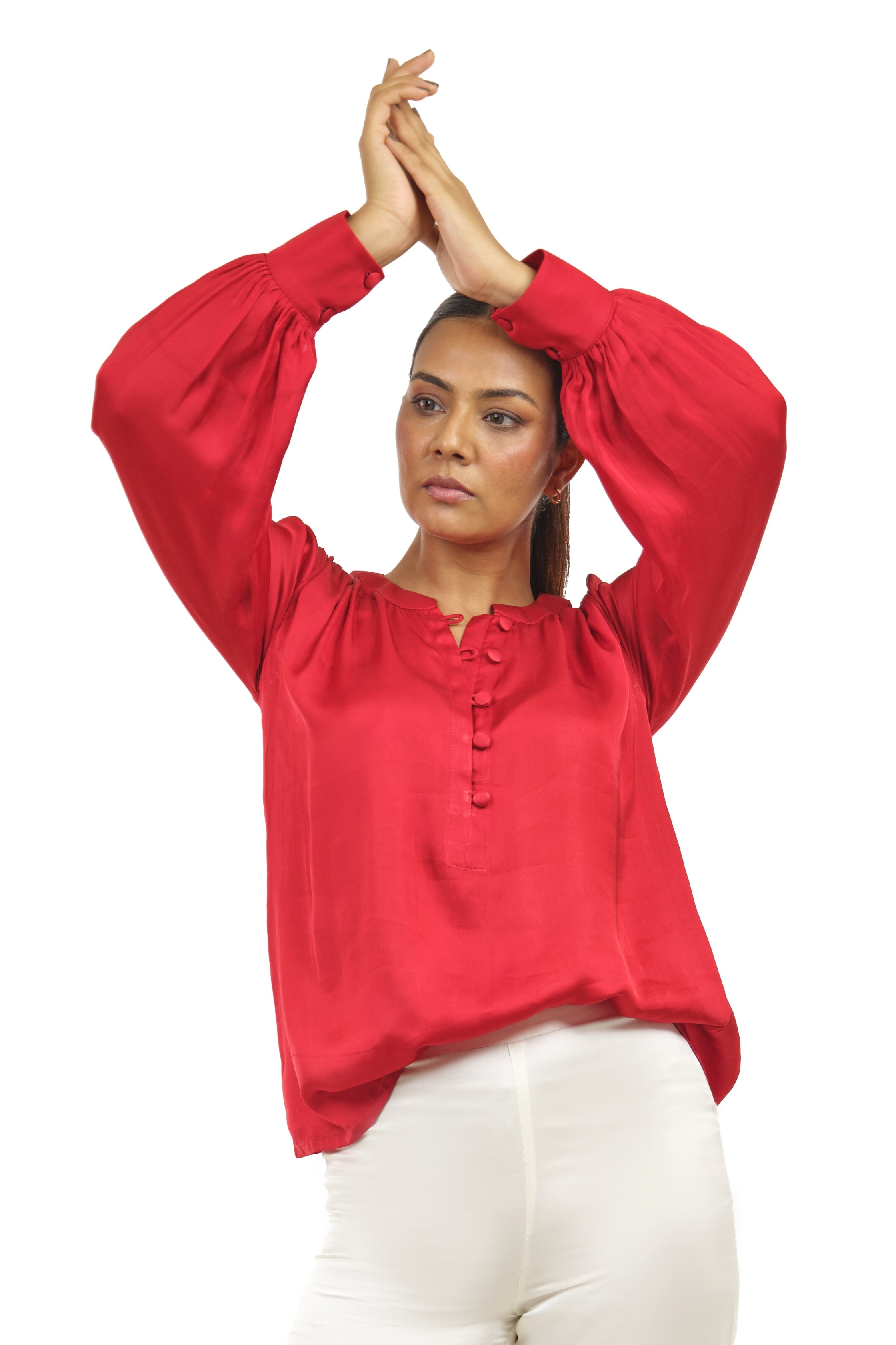 full sleeves collar red top for women