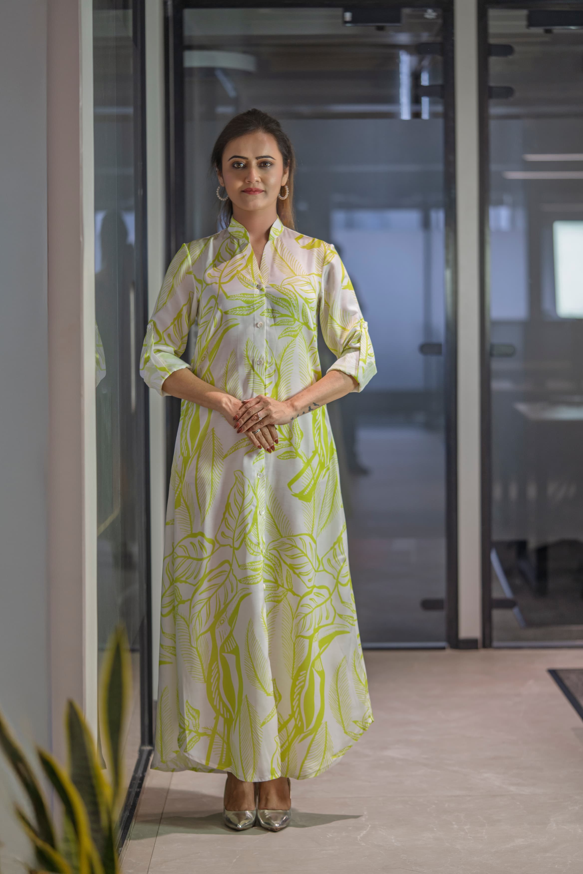 lime green printed a line long shirt dress