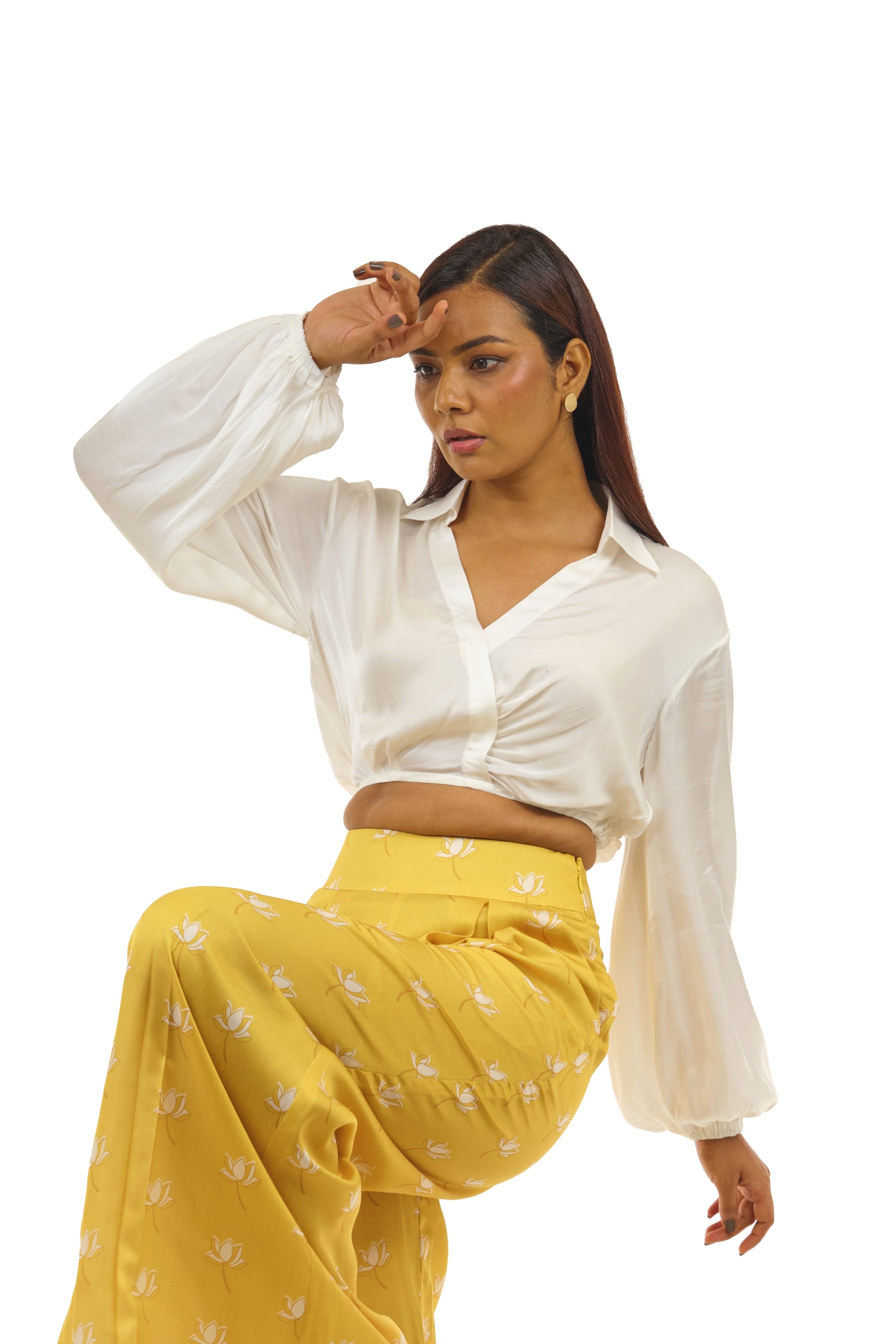 puff sleeve v-collar neck white crop top