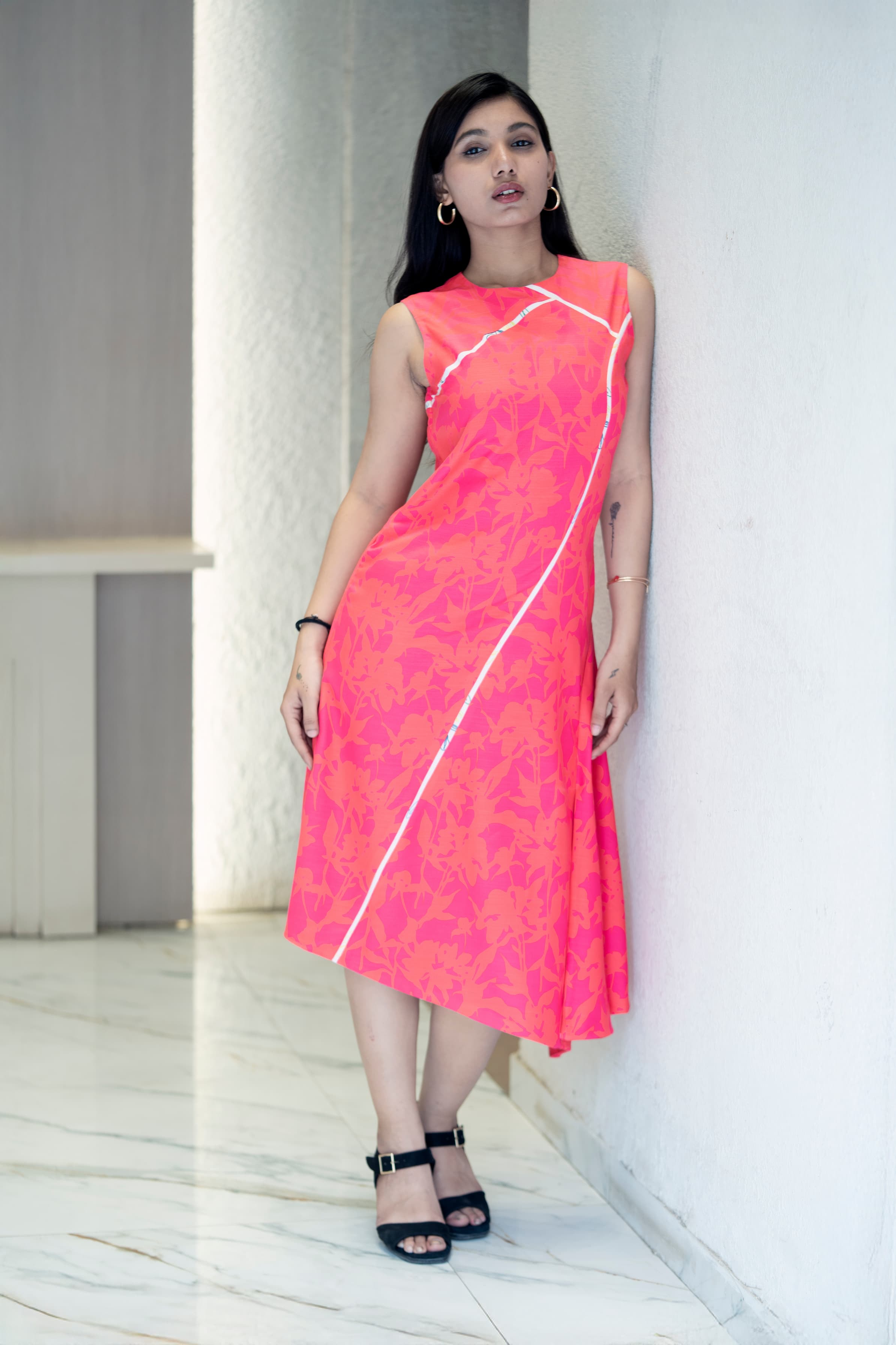 round neck pink twill dress