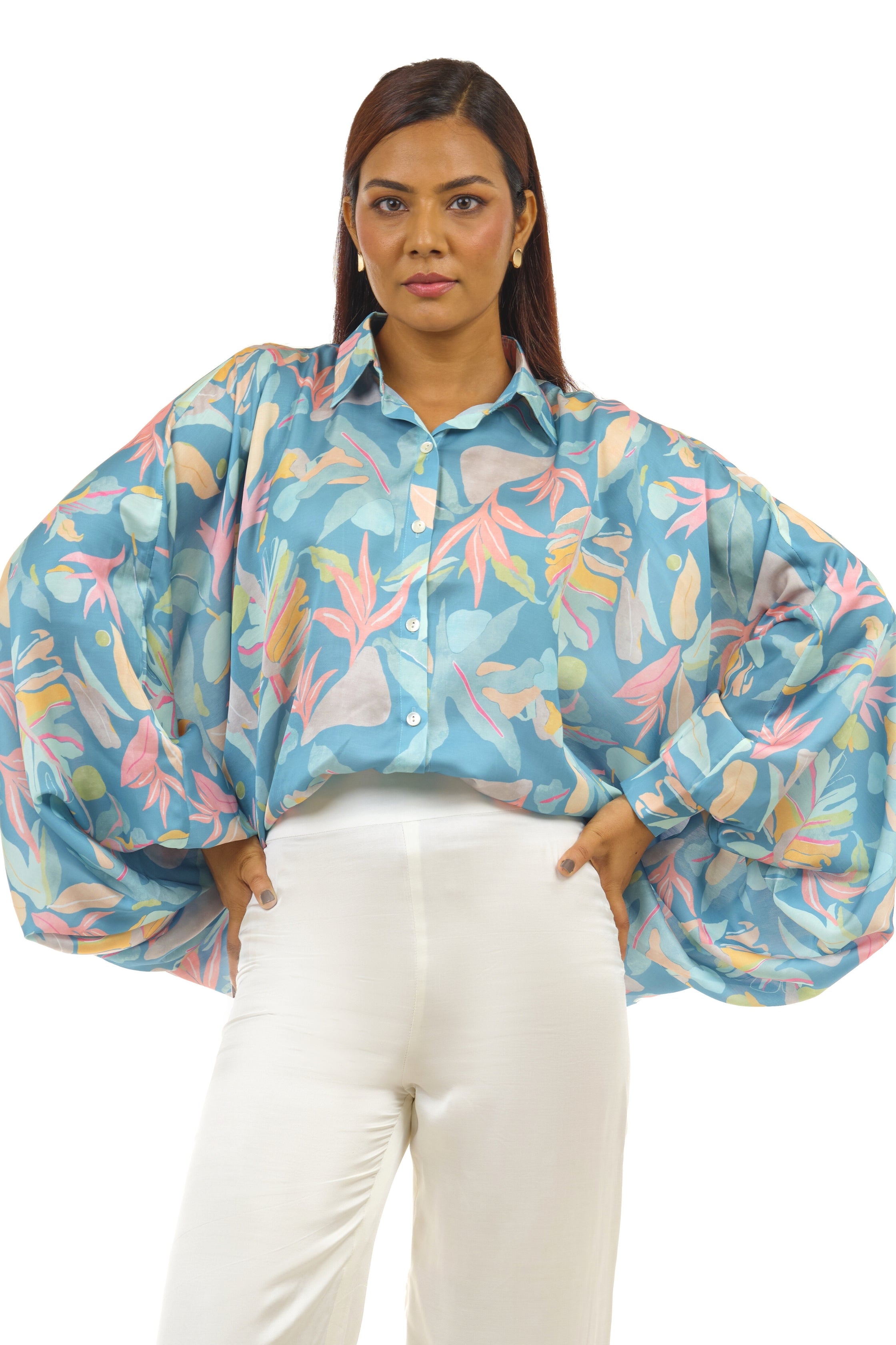 western loose blue printed shirt