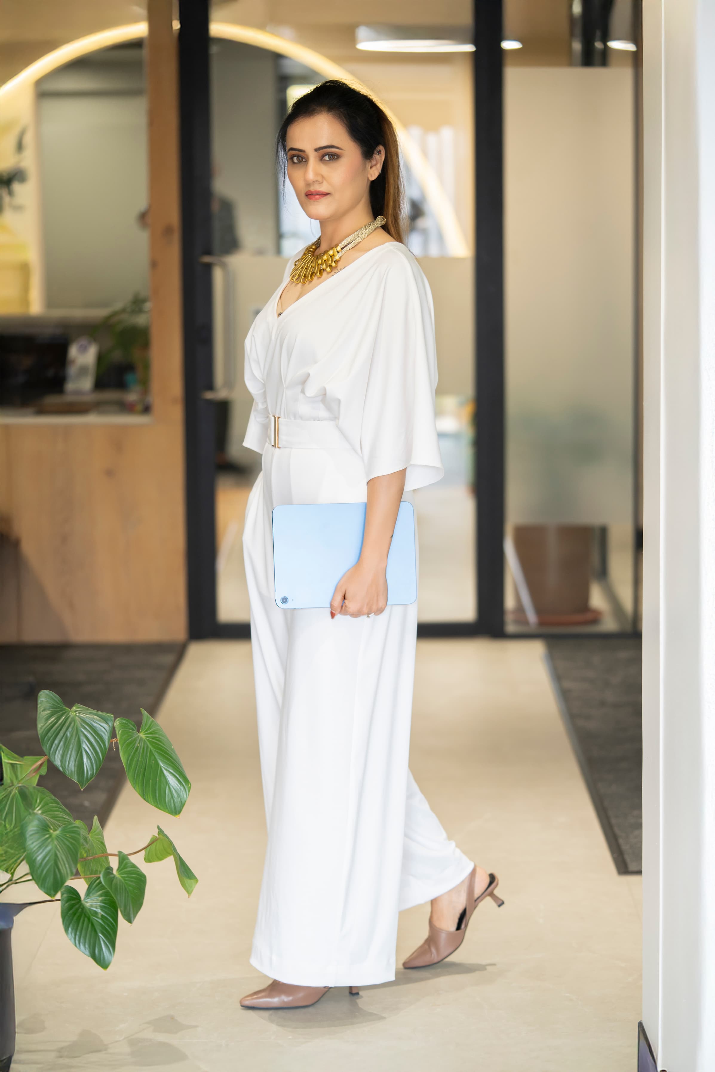 white jumpsuit with belt