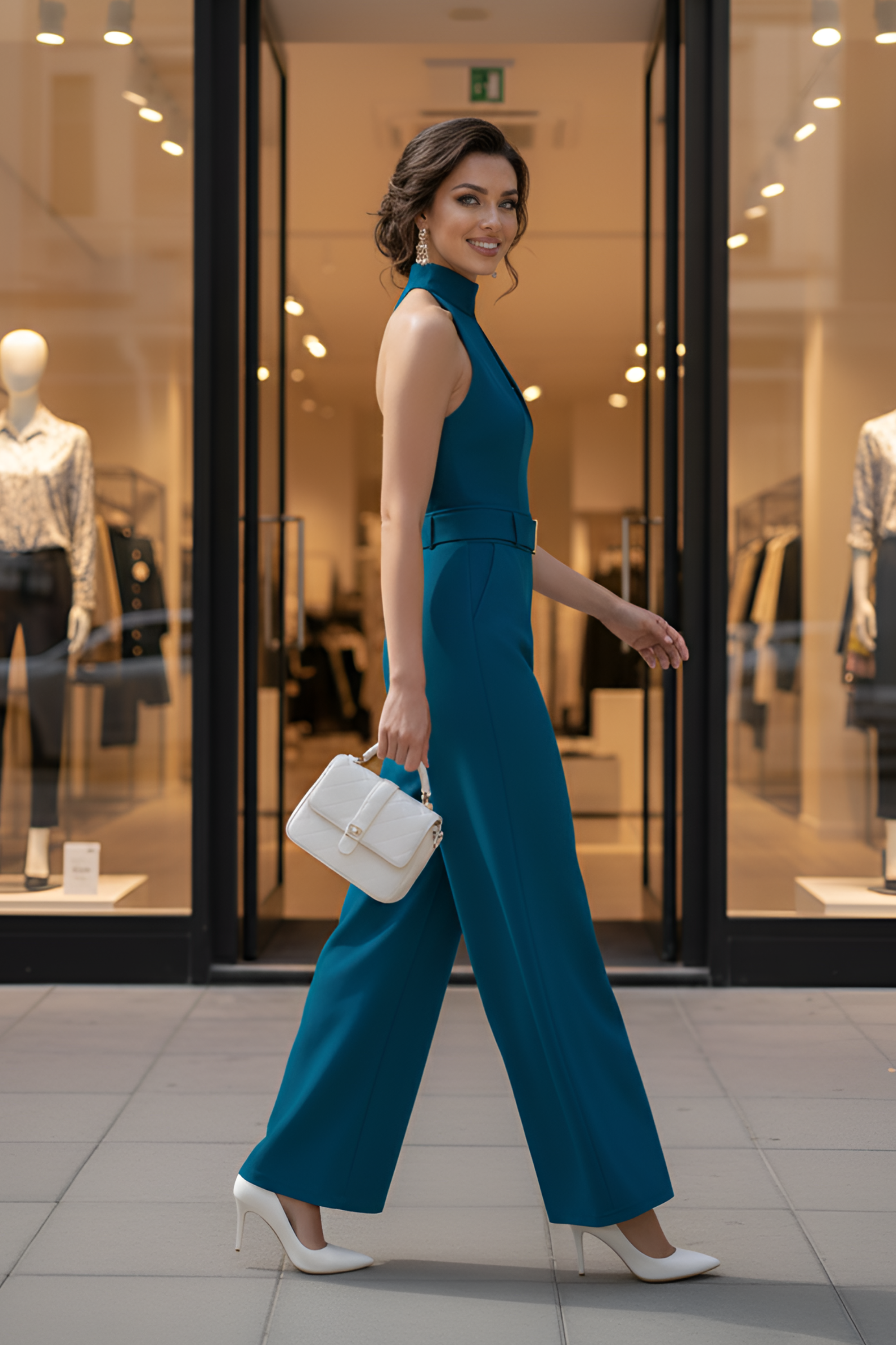 Ink Blue High-Collar Jumpsuit – Gold Buckle