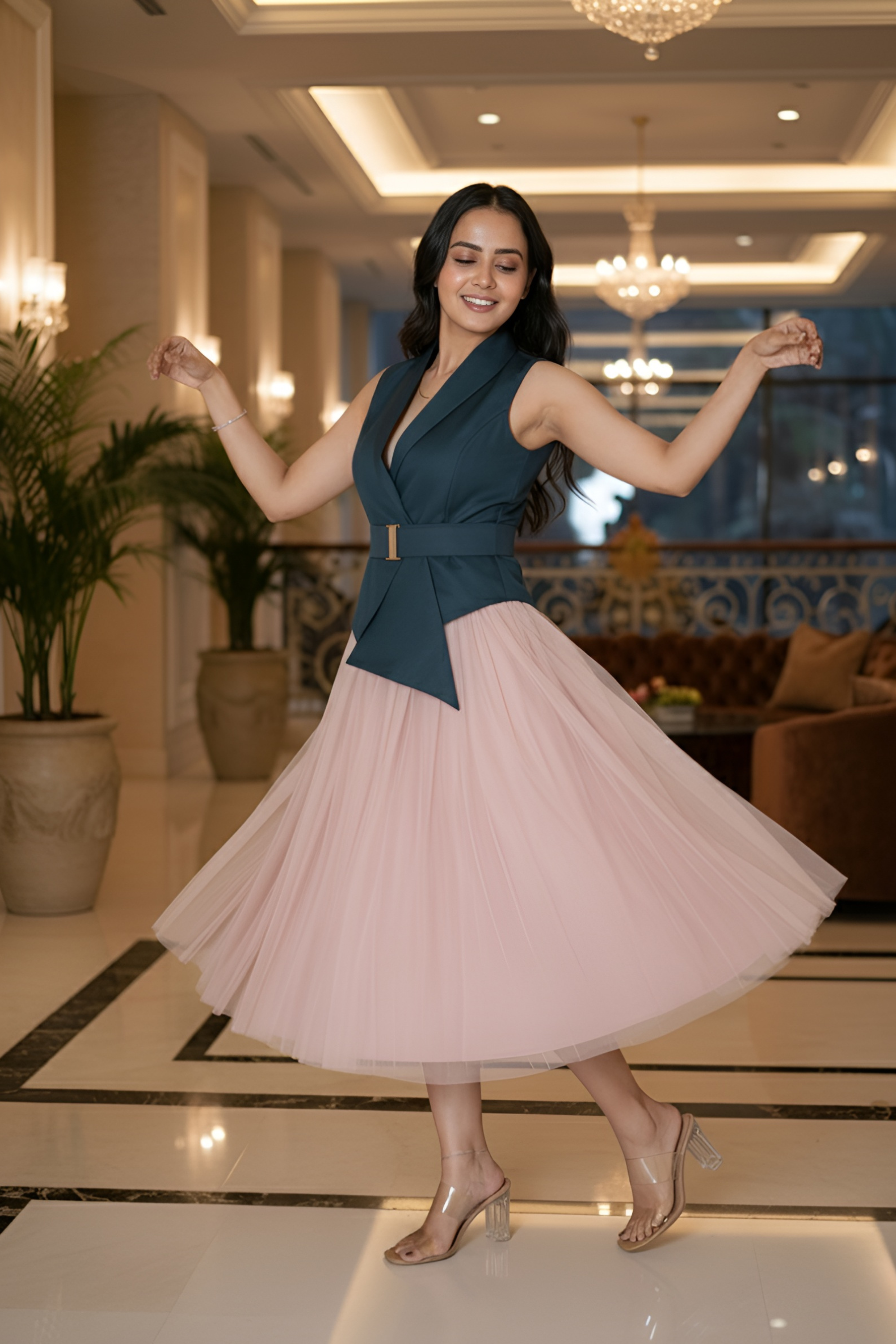 Salmon Pink skirt & Teal waist coat – A Striking Duo