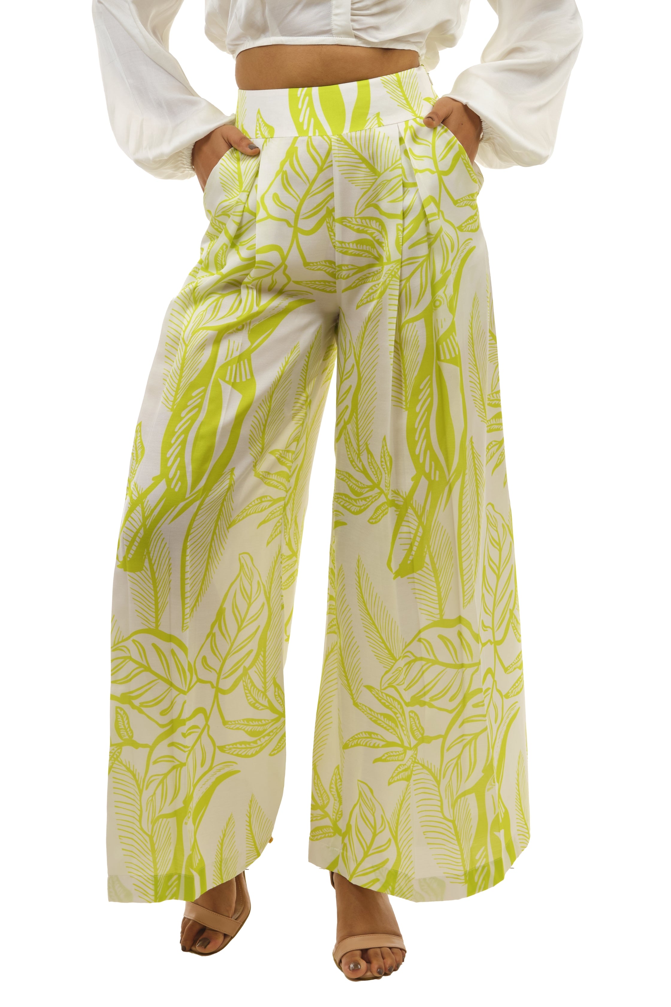 Lime Green Printed Pleated Pallazo