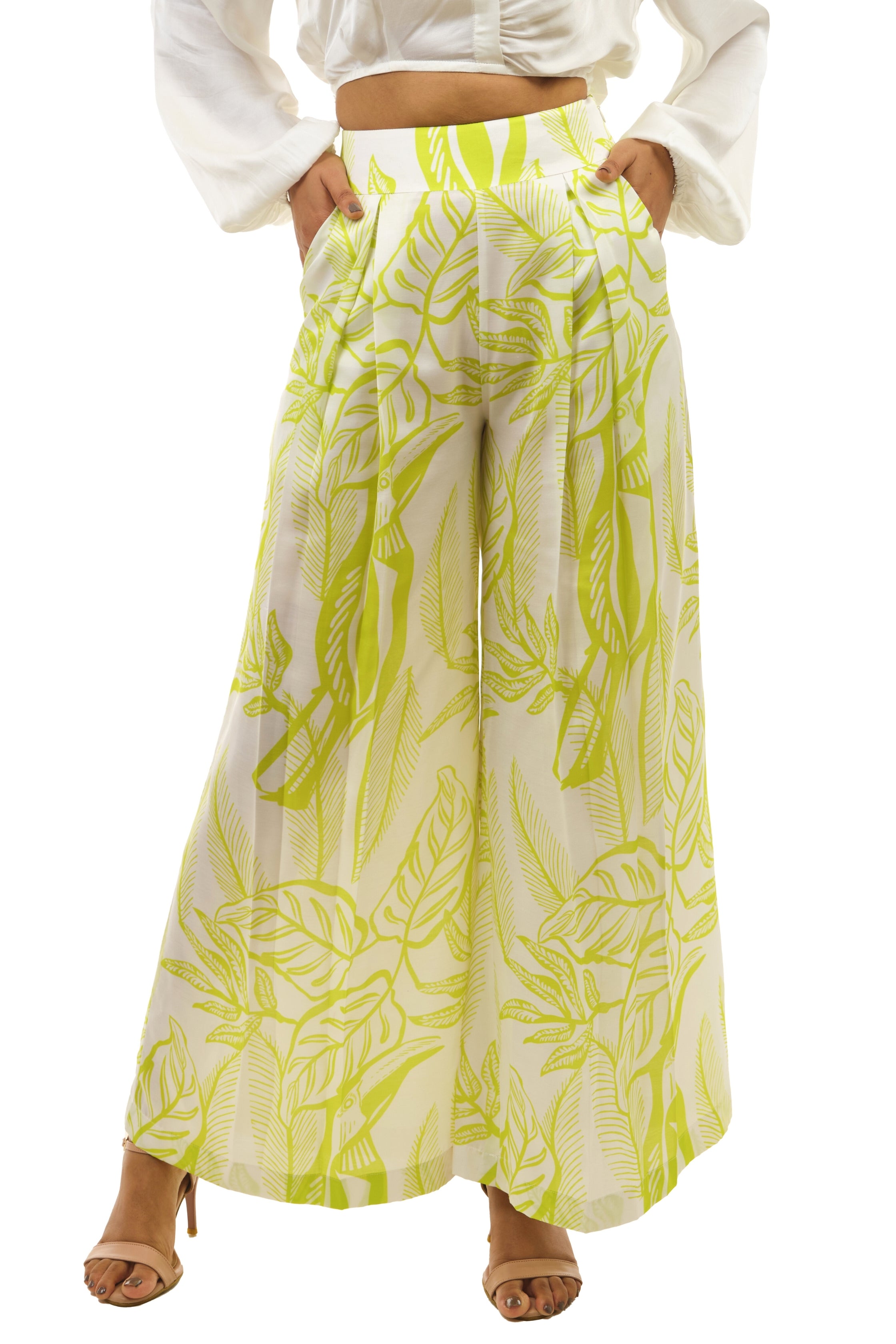 Lime Green Printed Pleated Pallazo