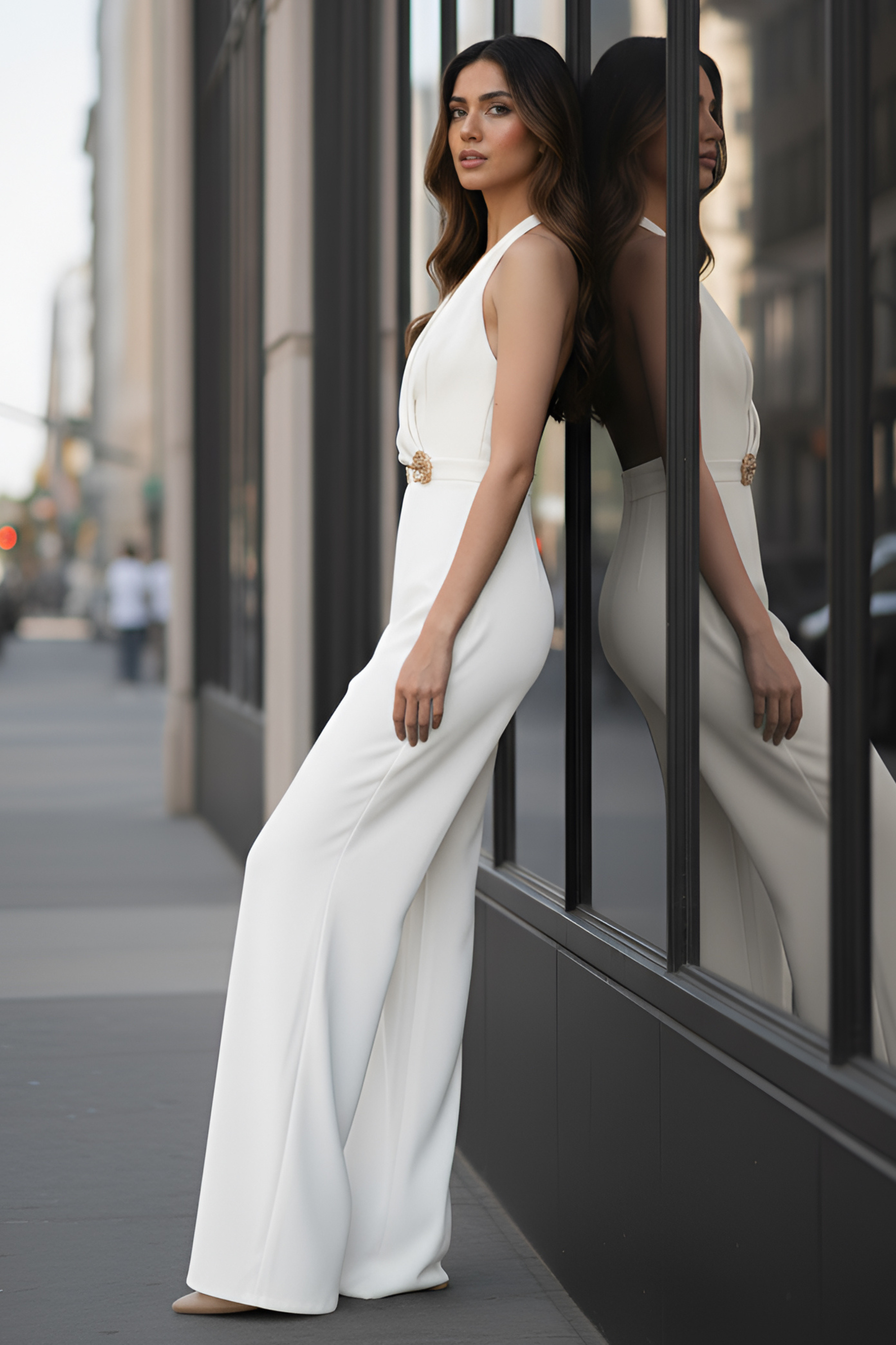 Ivory Halter Jumpsuit – Gold Brooch