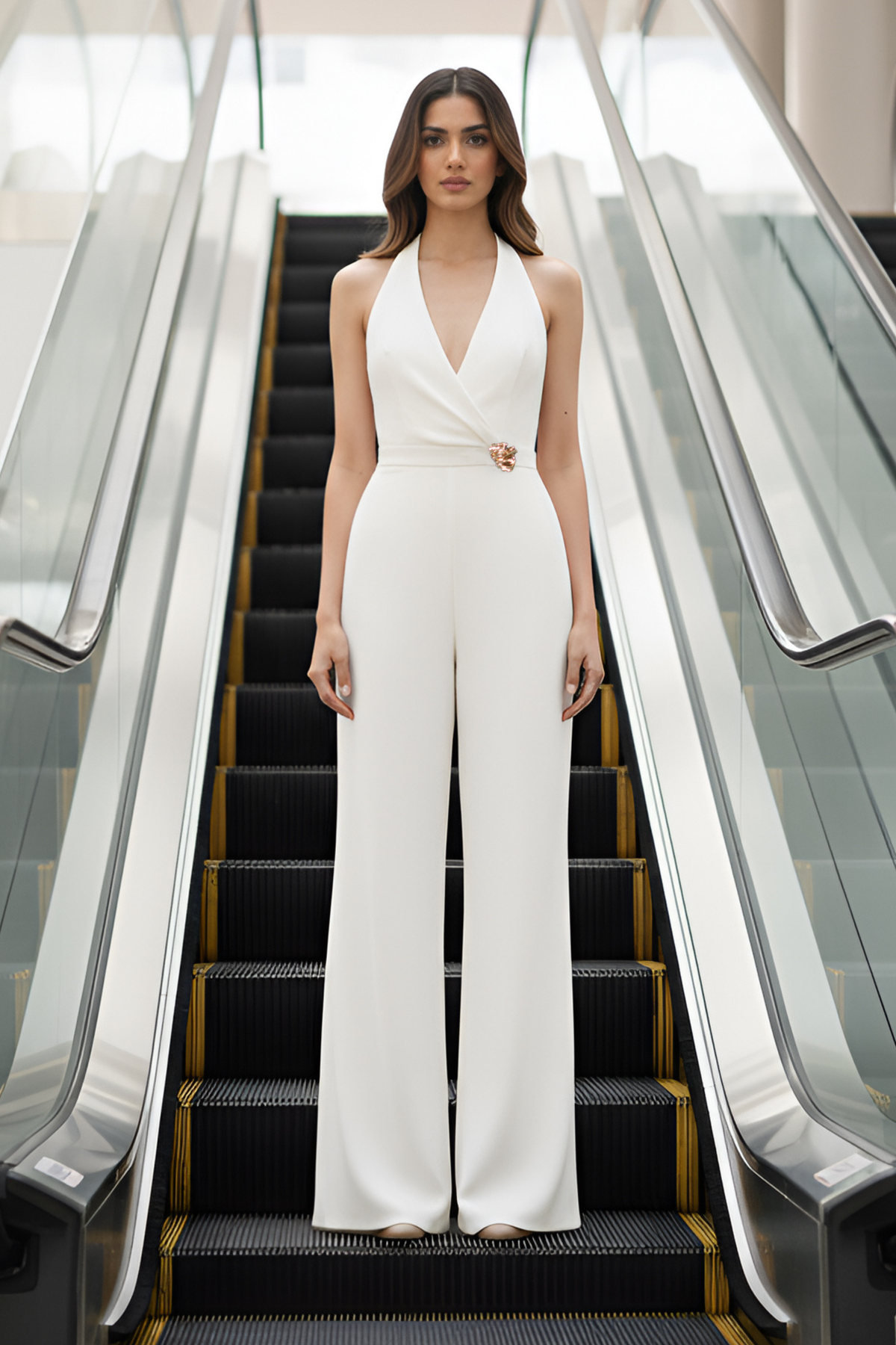 Ivory Halter Jumpsuit – Gold Brooch – Luxeraa