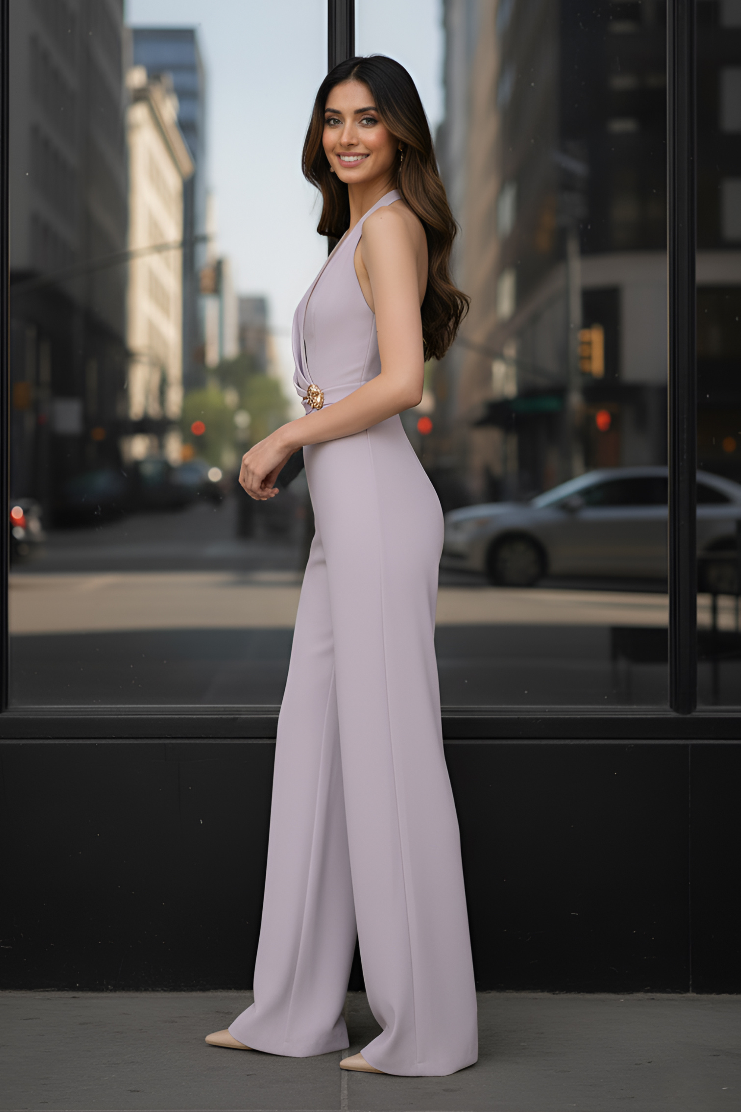 Salmon Pink Halter Jumpsuit – Gold Brooch