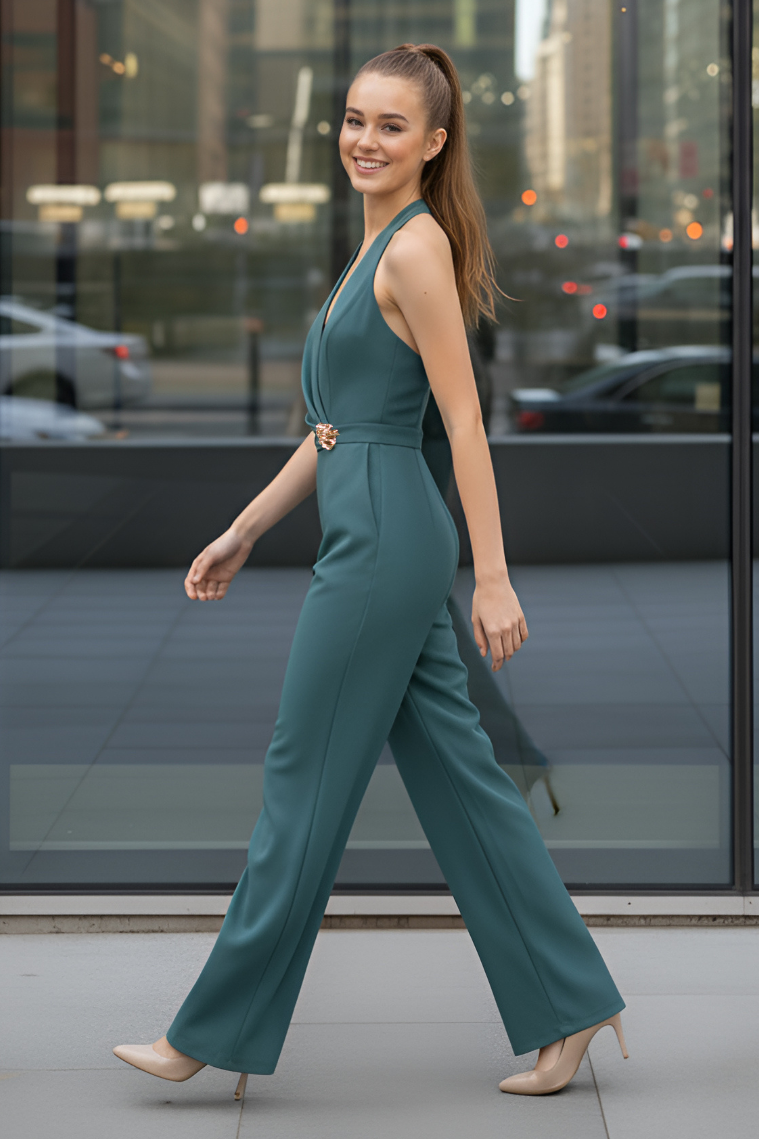 Sea-Green Halter Jumpsuit – Gold Brooch