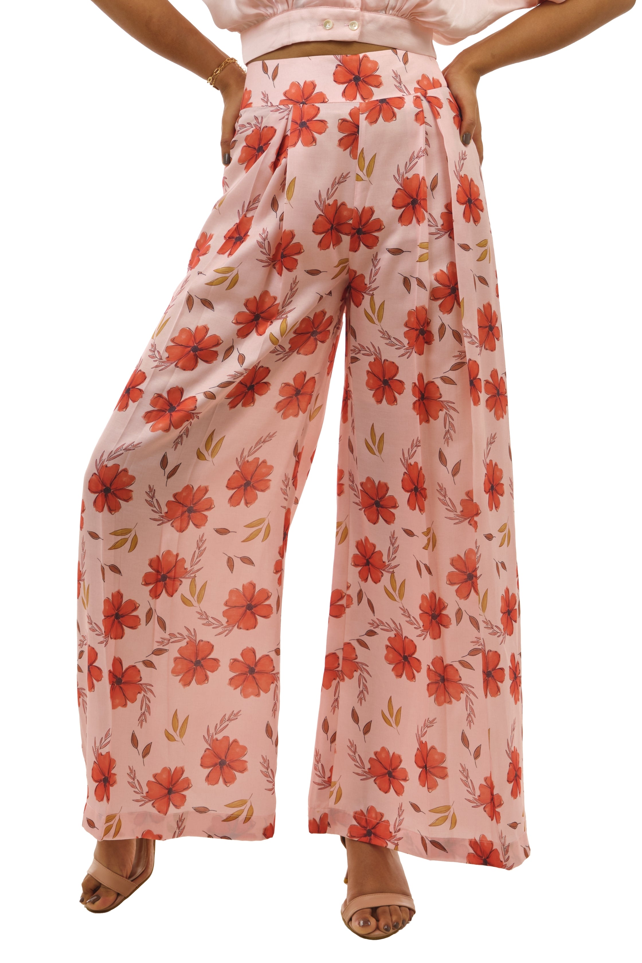 Peach Printed Pleated Pallazo