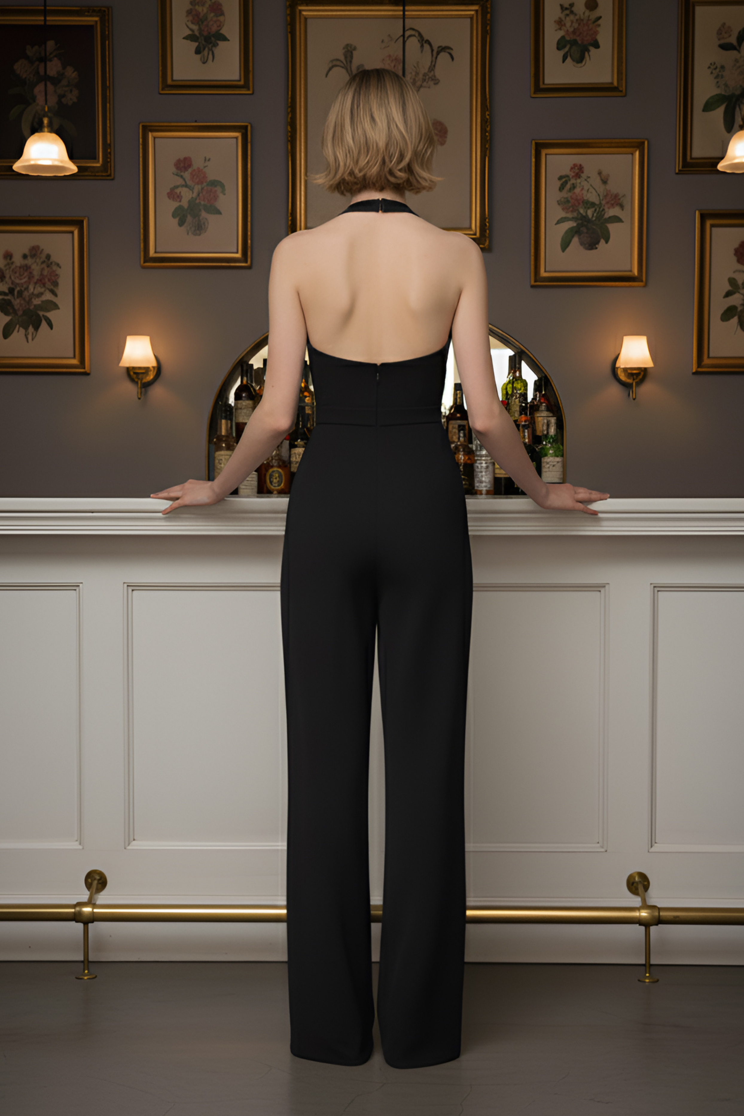Black Halter Jumpsuit – Gold Brooch