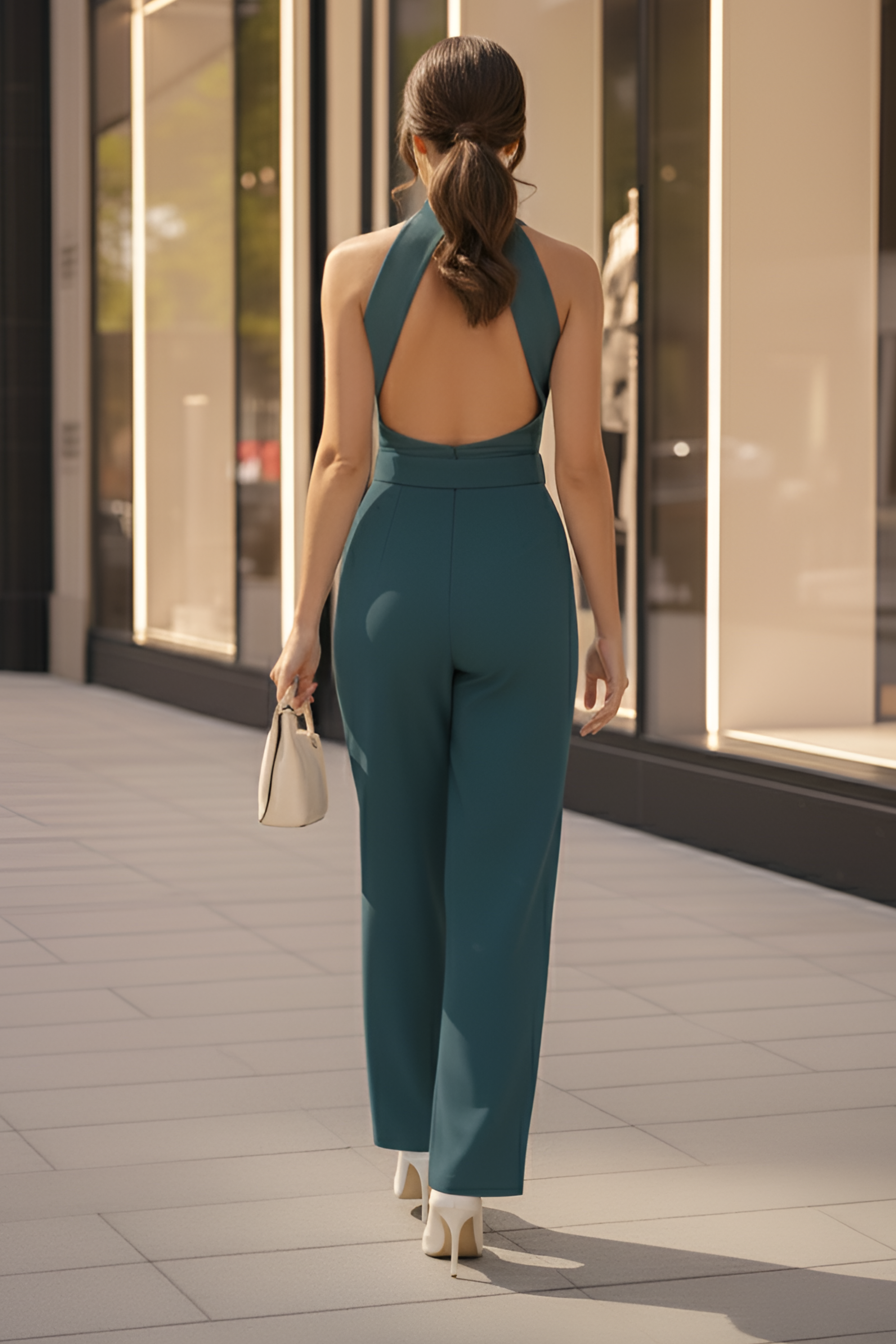 Teal High-Collar Jumpsuit – Gold Buckle