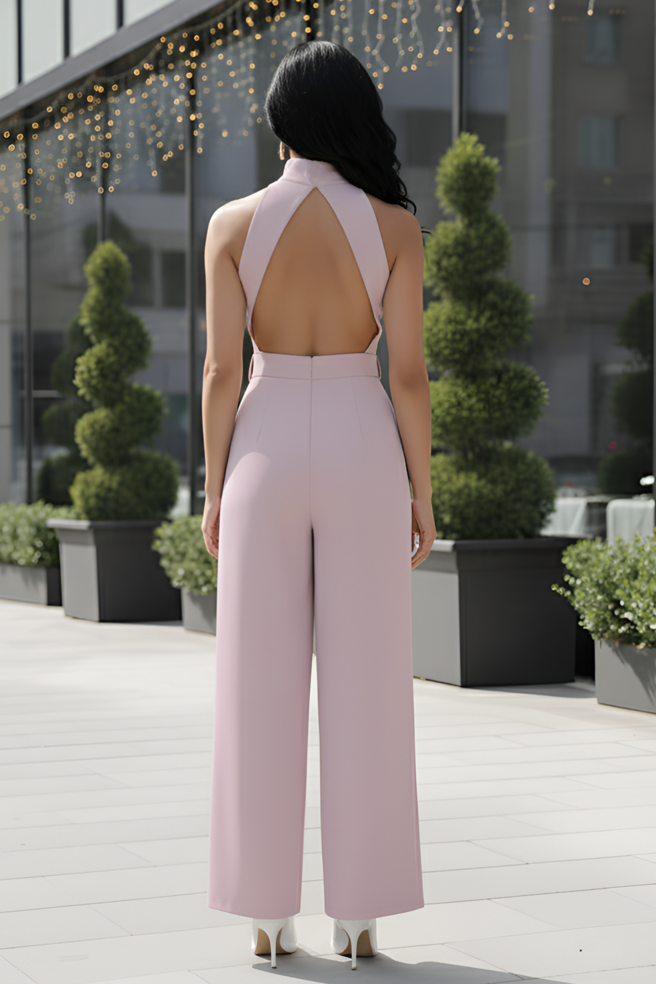 Salmon Pink High-Collar Jumpsuit – Gold Buckle