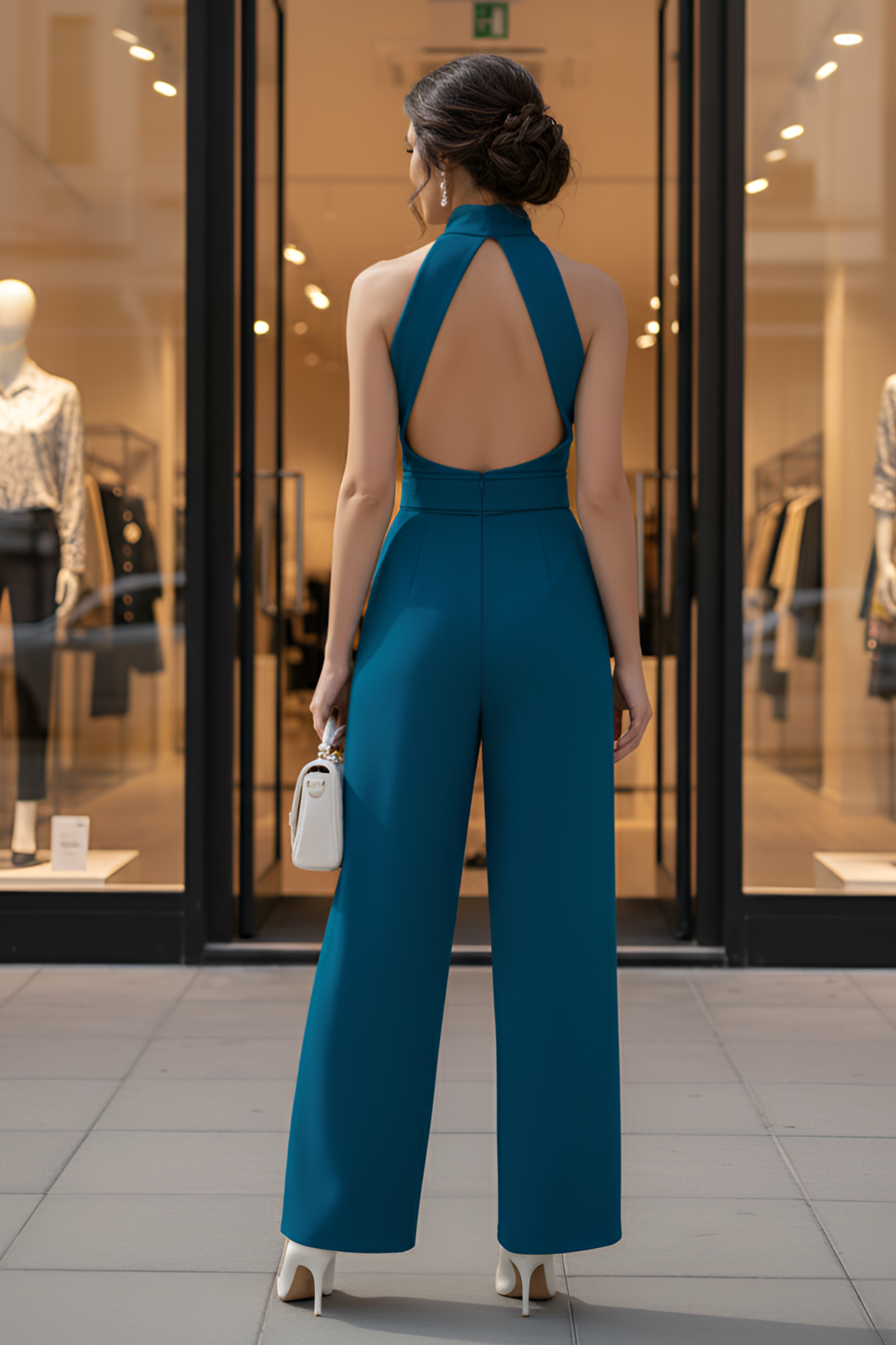 Ink Blue High-Collar Jumpsuit – Gold Buckle