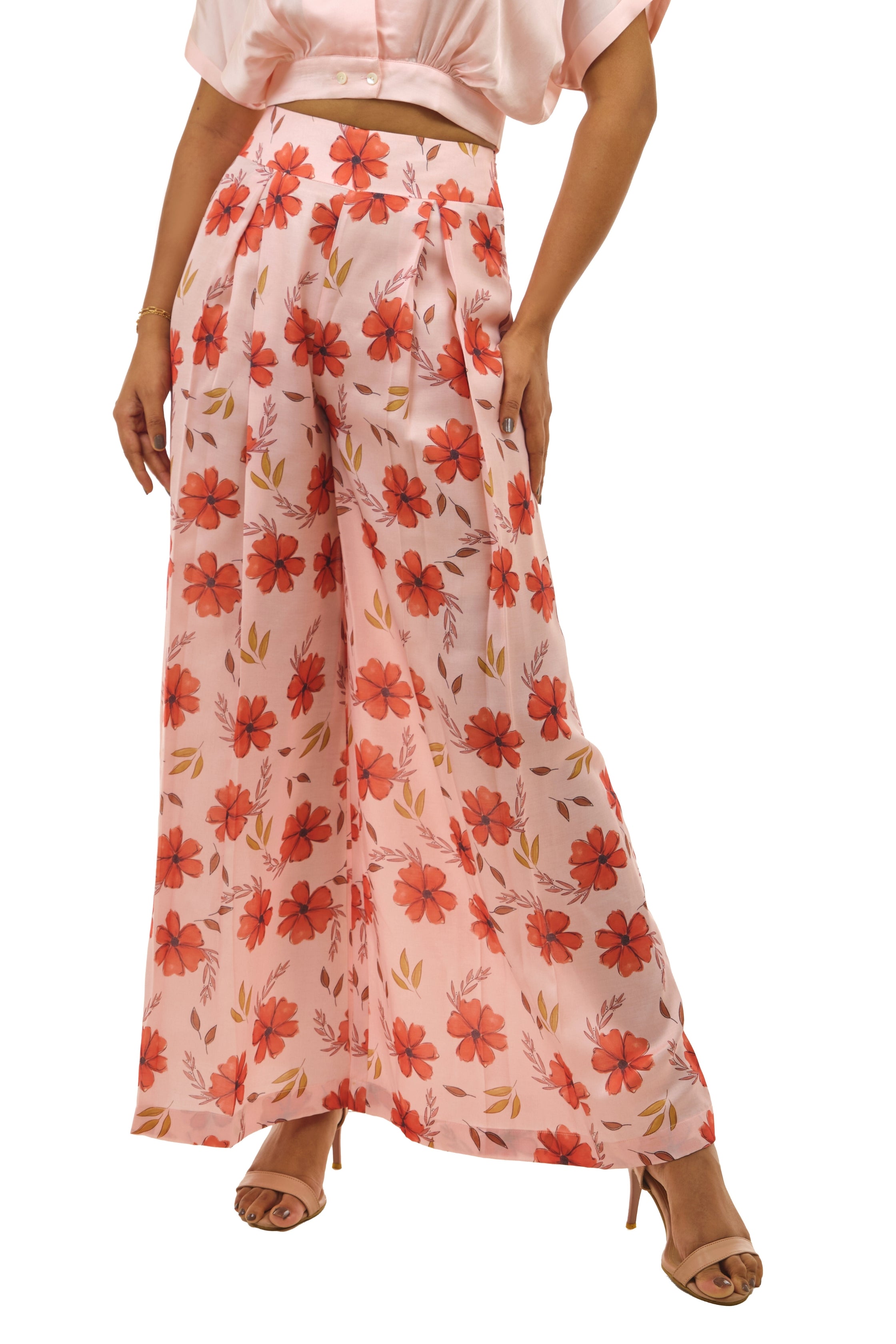 Peach Printed Pleated Pallazo