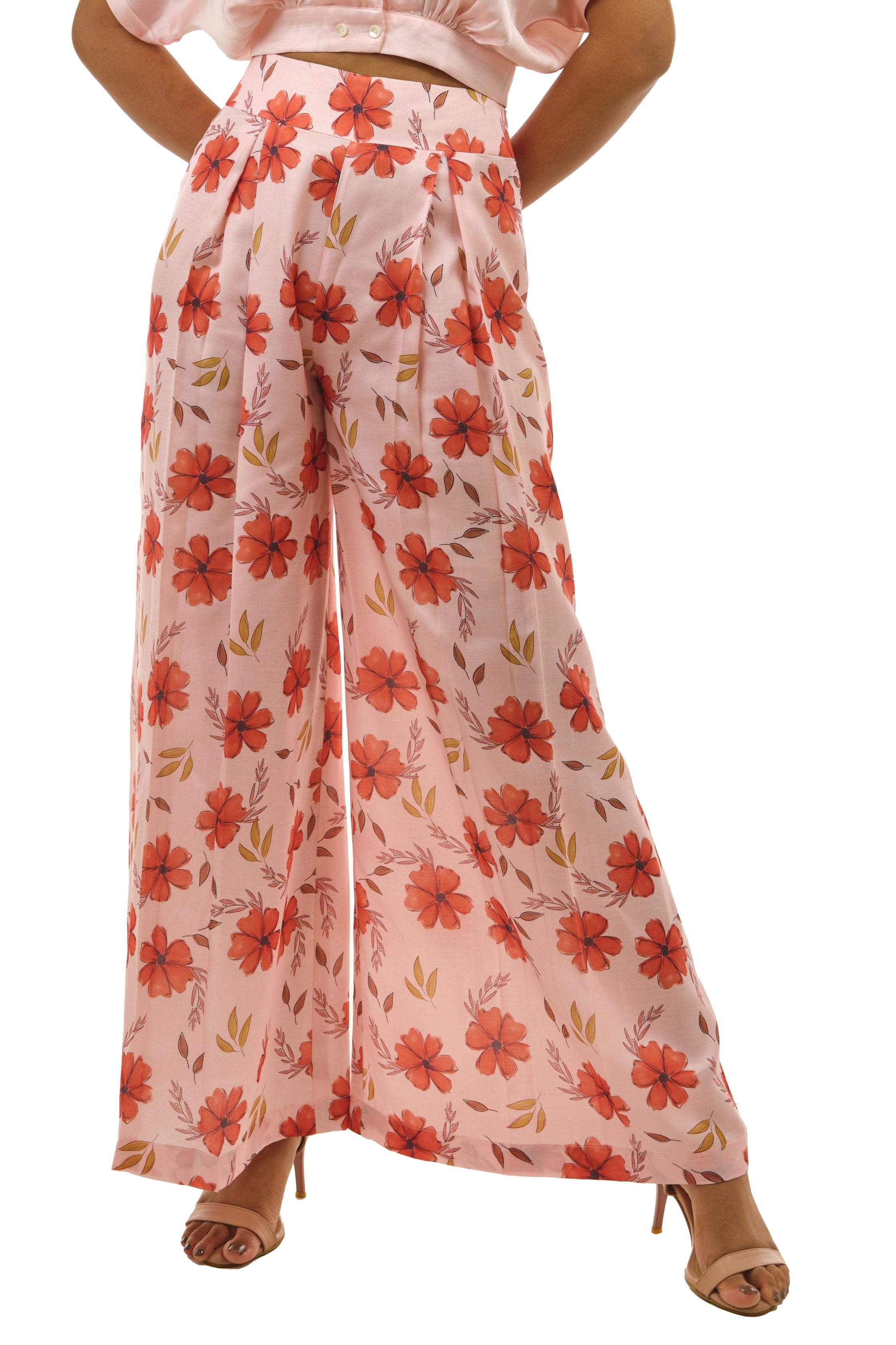 Peach Printed Pleated Pallazo