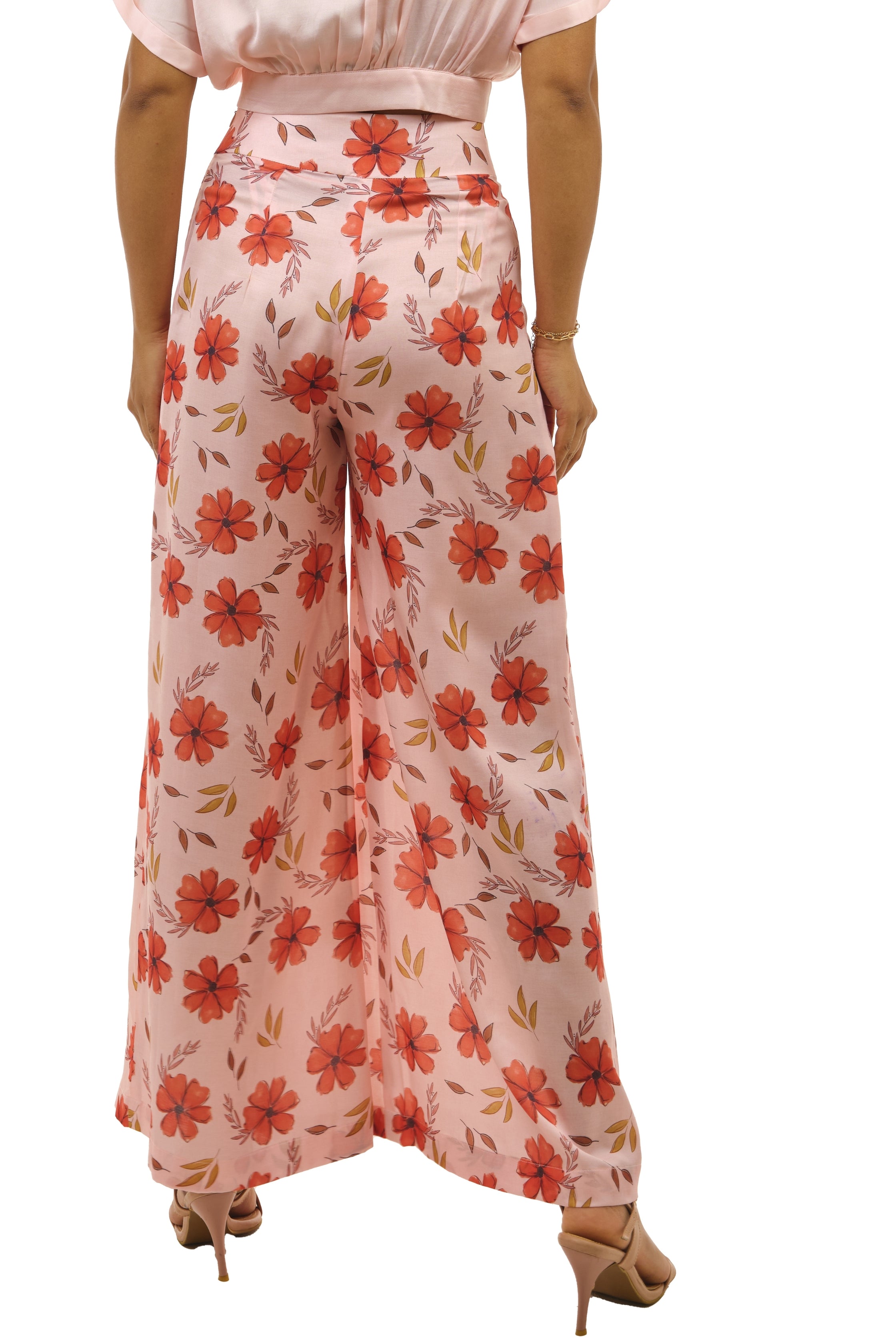 Peach Printed Pleated Pallazo