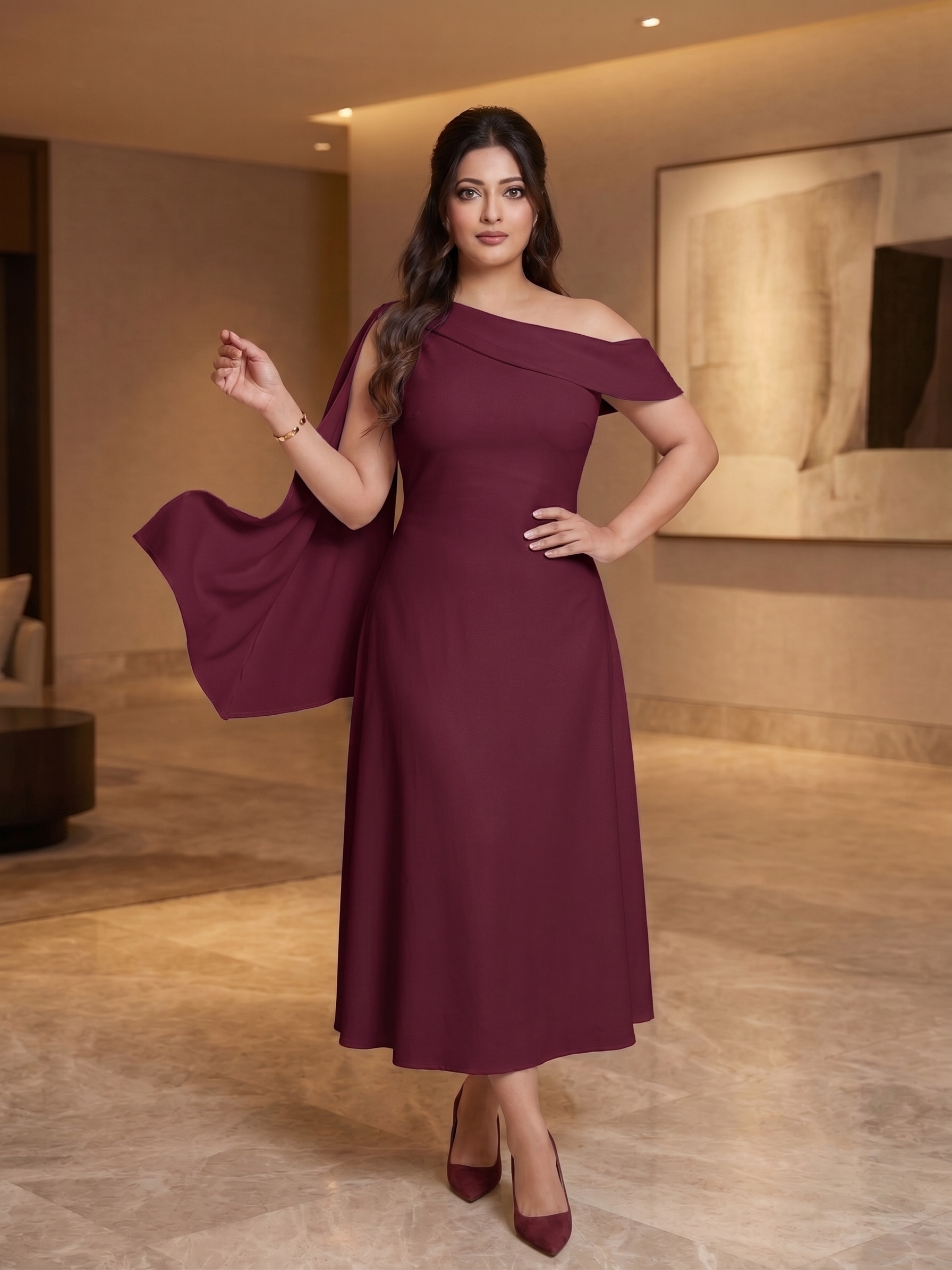 Wine Elegance Tie-Up Longline Dress