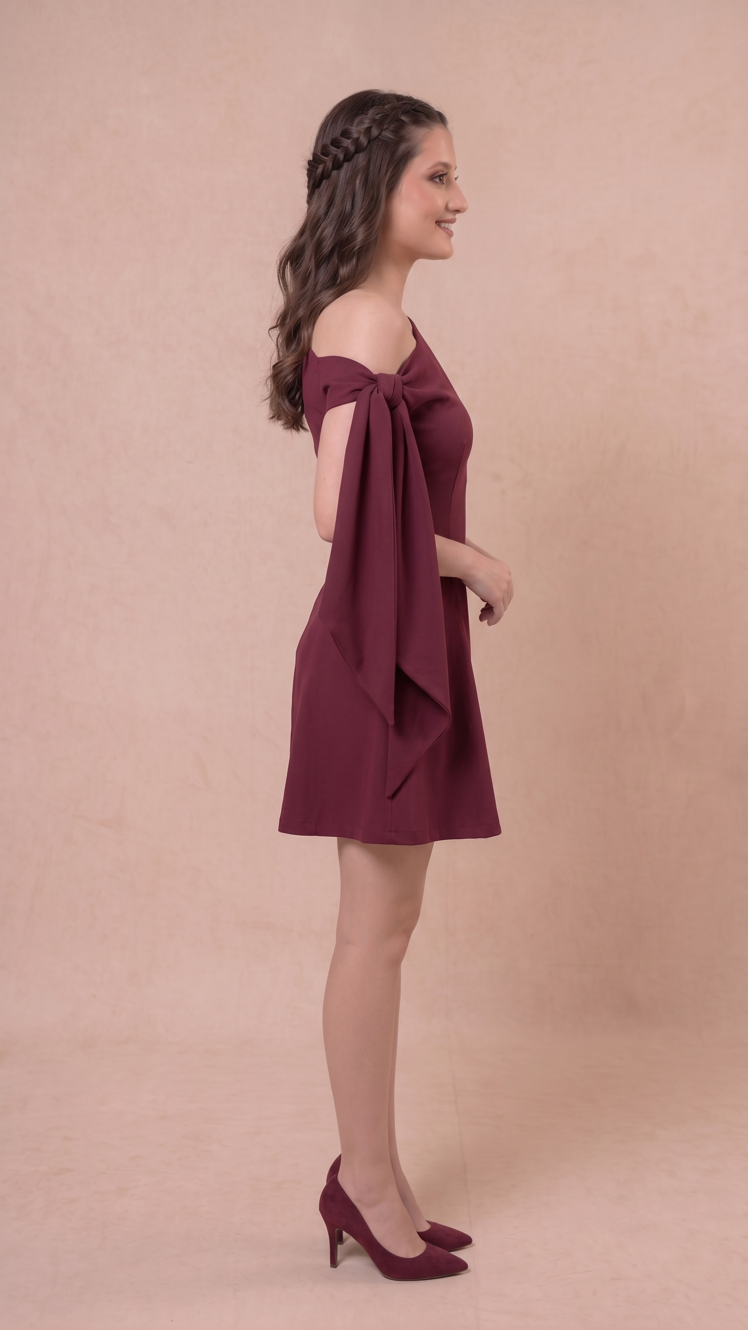Wine Elegance Tie-Up Mini Dress