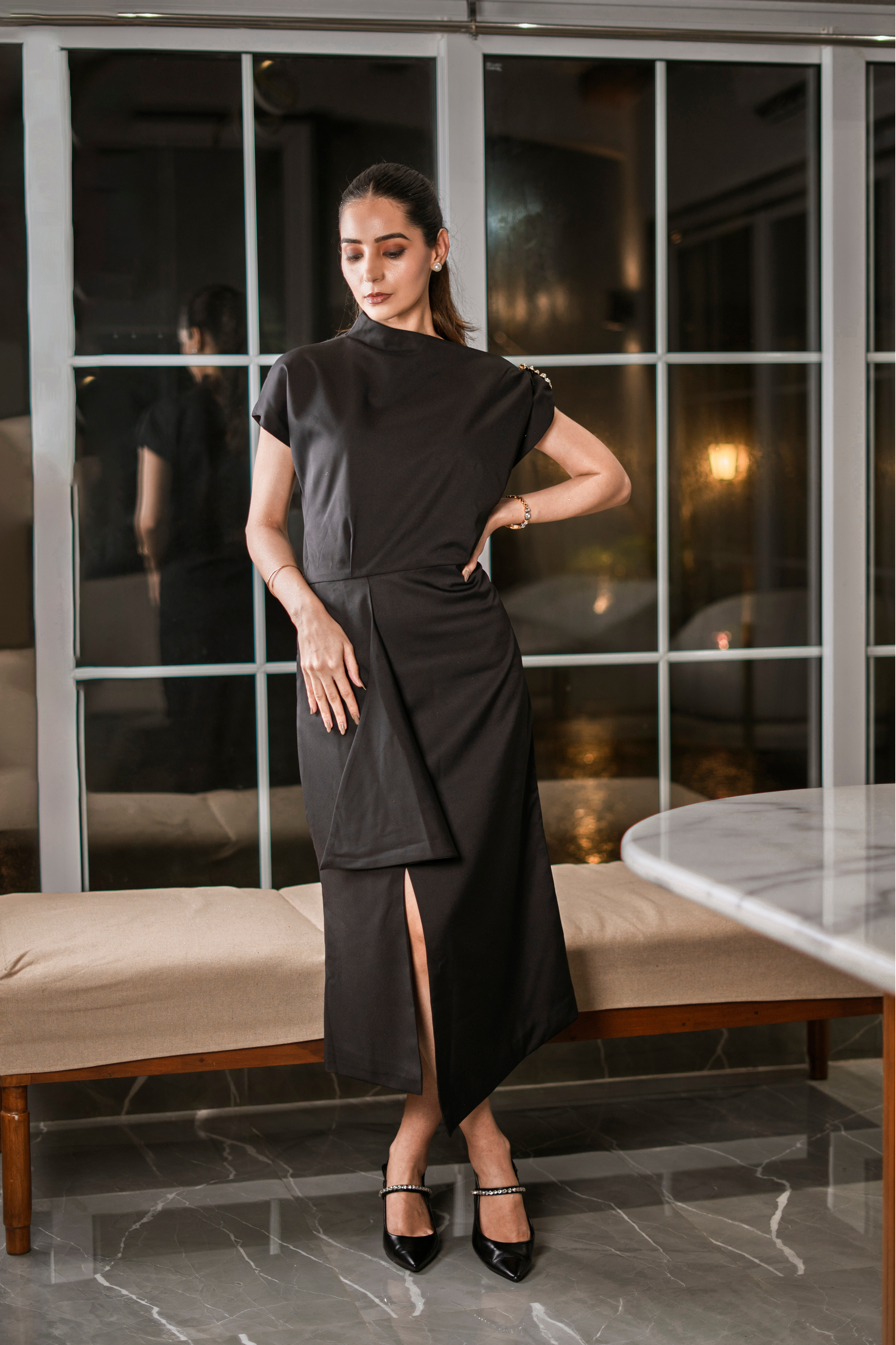 Black One-Shoulder Draped Midi Dress