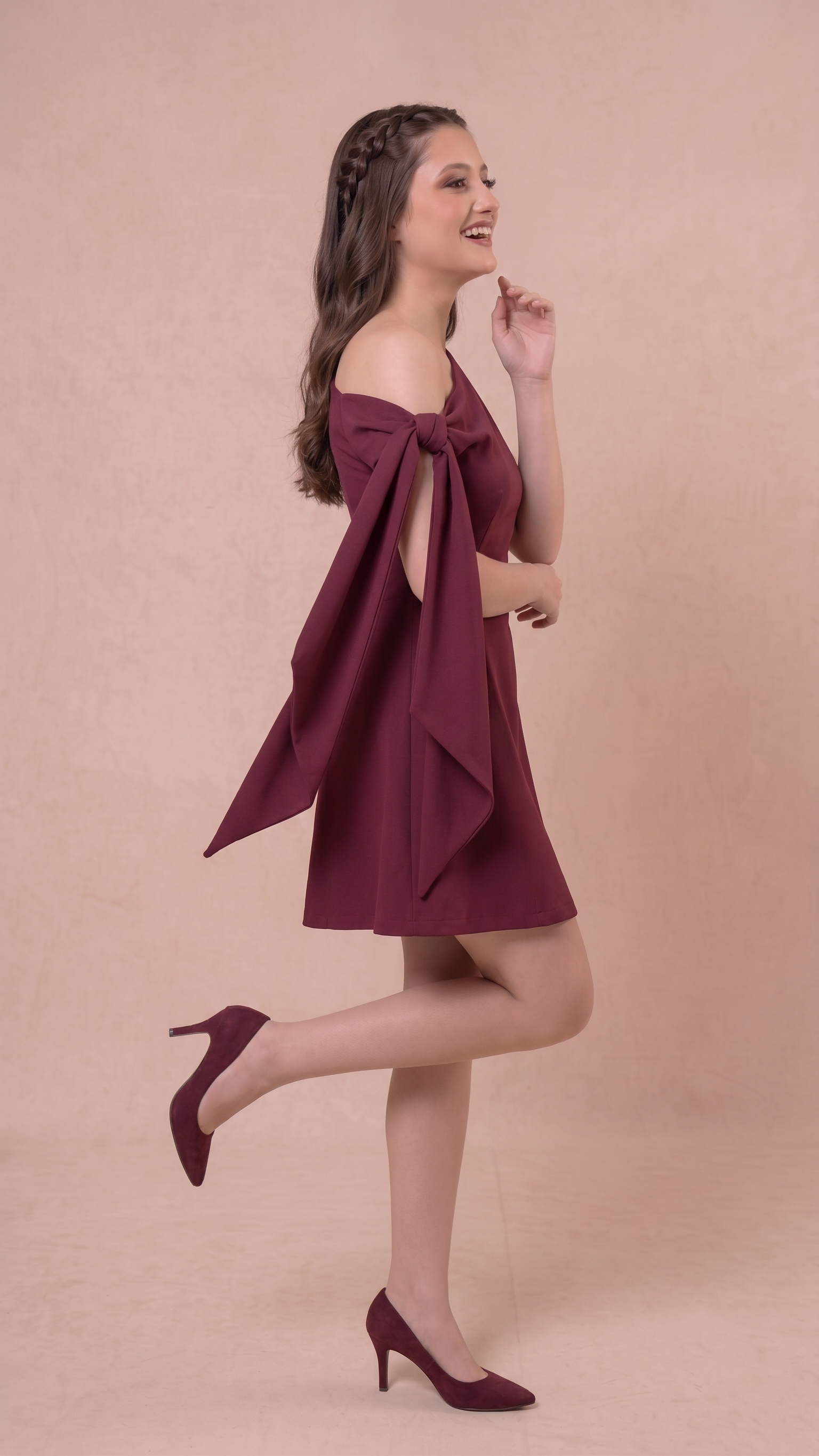 Wine Elegance Tie-Up Mini Dress