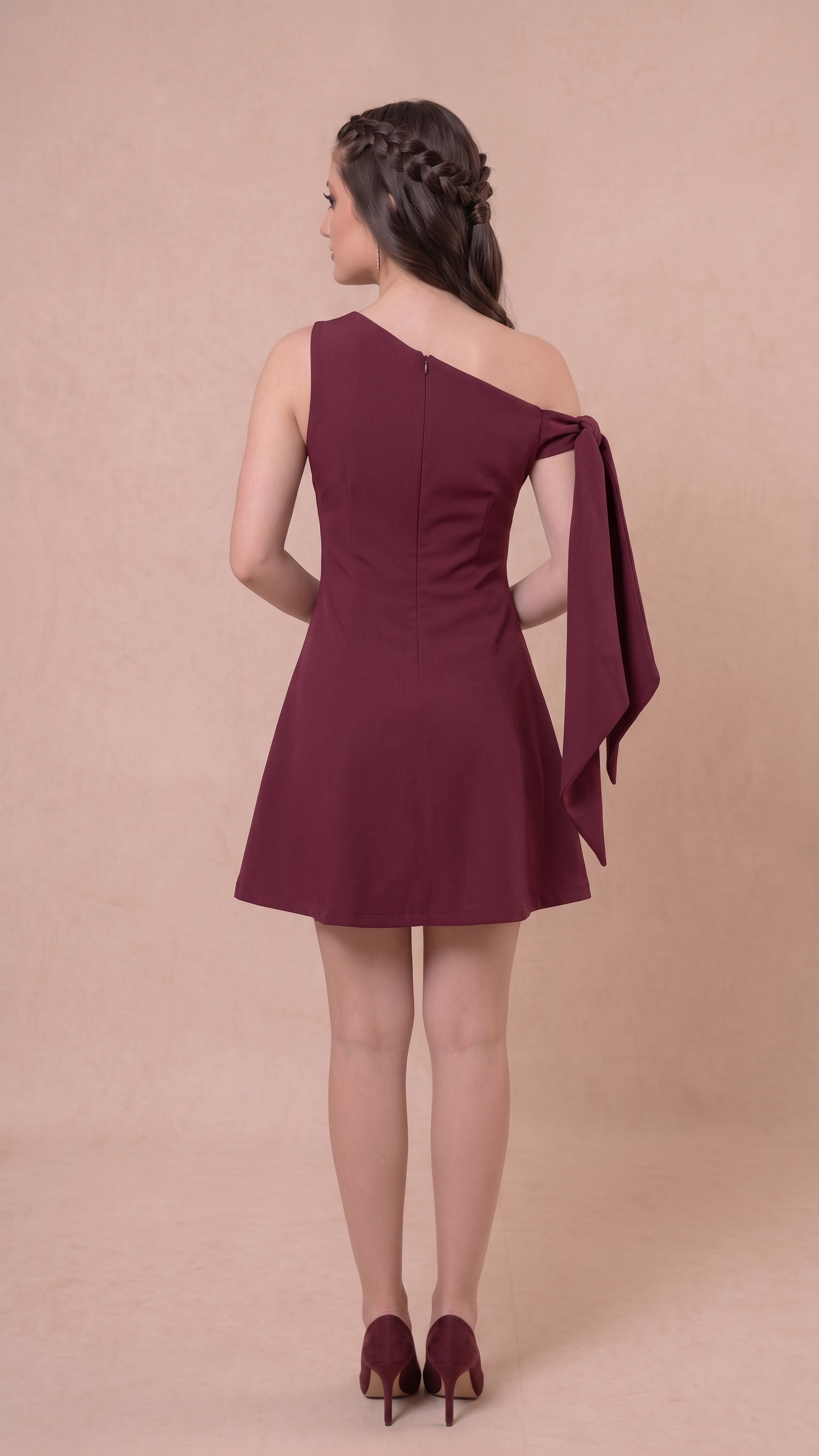 Wine Elegance Tie-Up Mini Dress