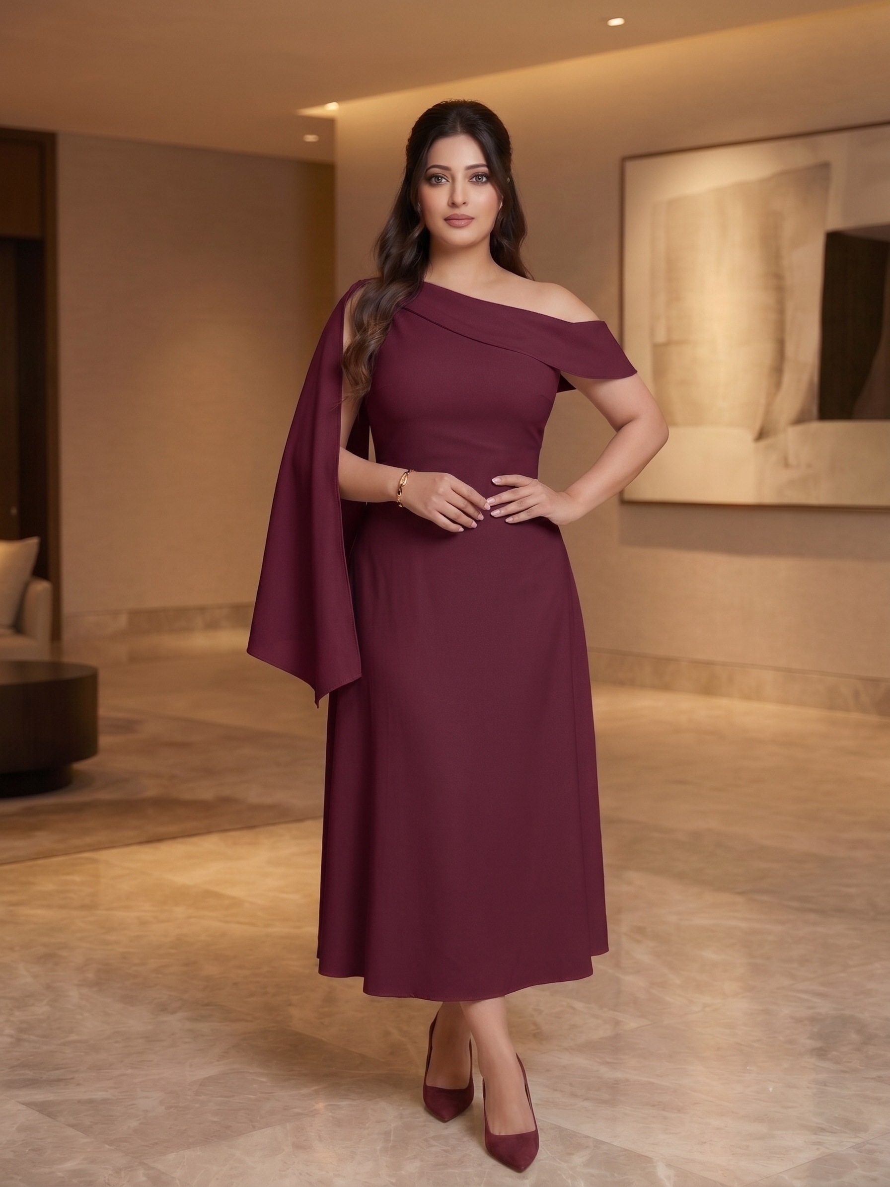 Wine Elegance Tie-Up Longline Dress