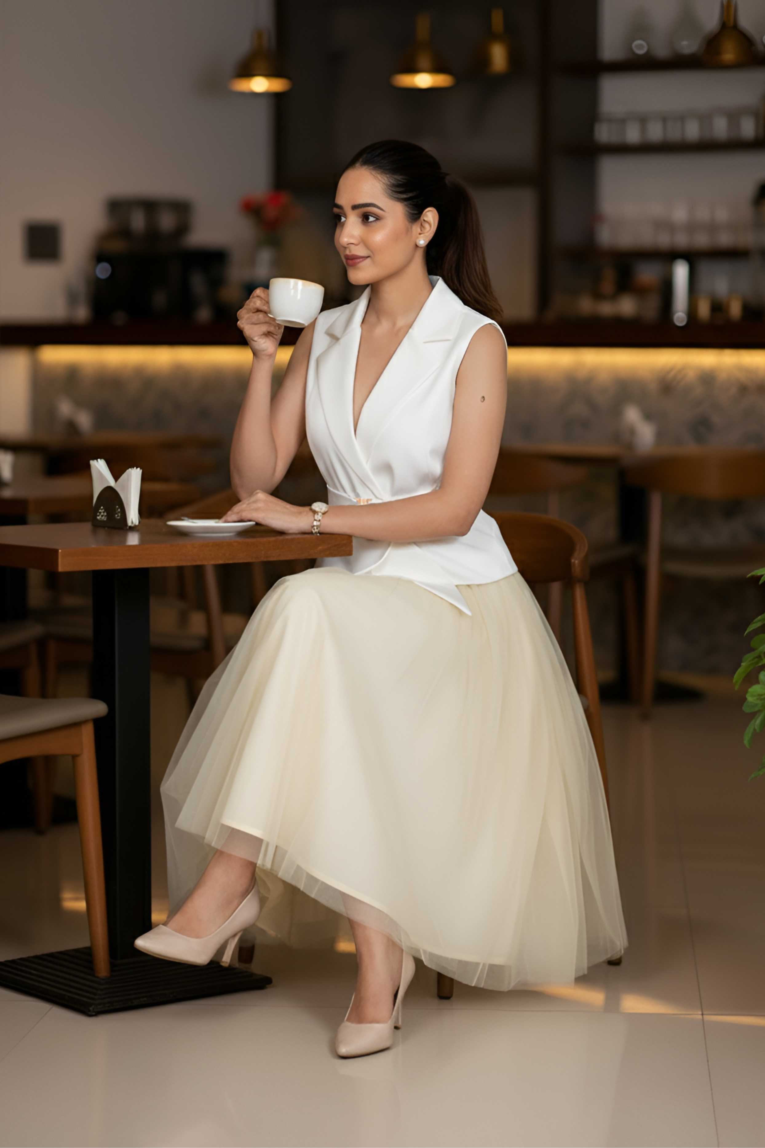 Butter Yellow Flowy Net Skirt