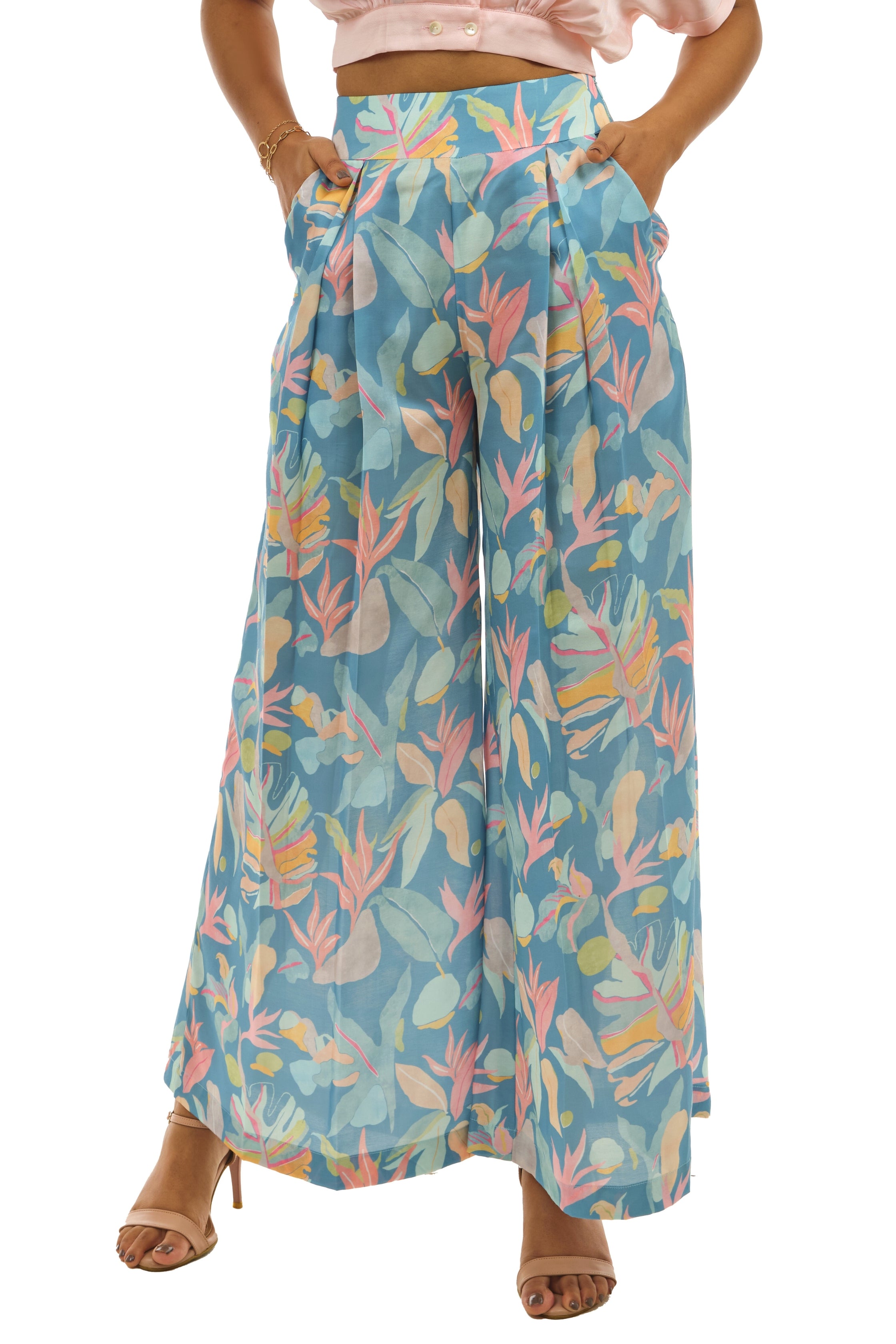 Turquoise Printed Pleated Pallazo