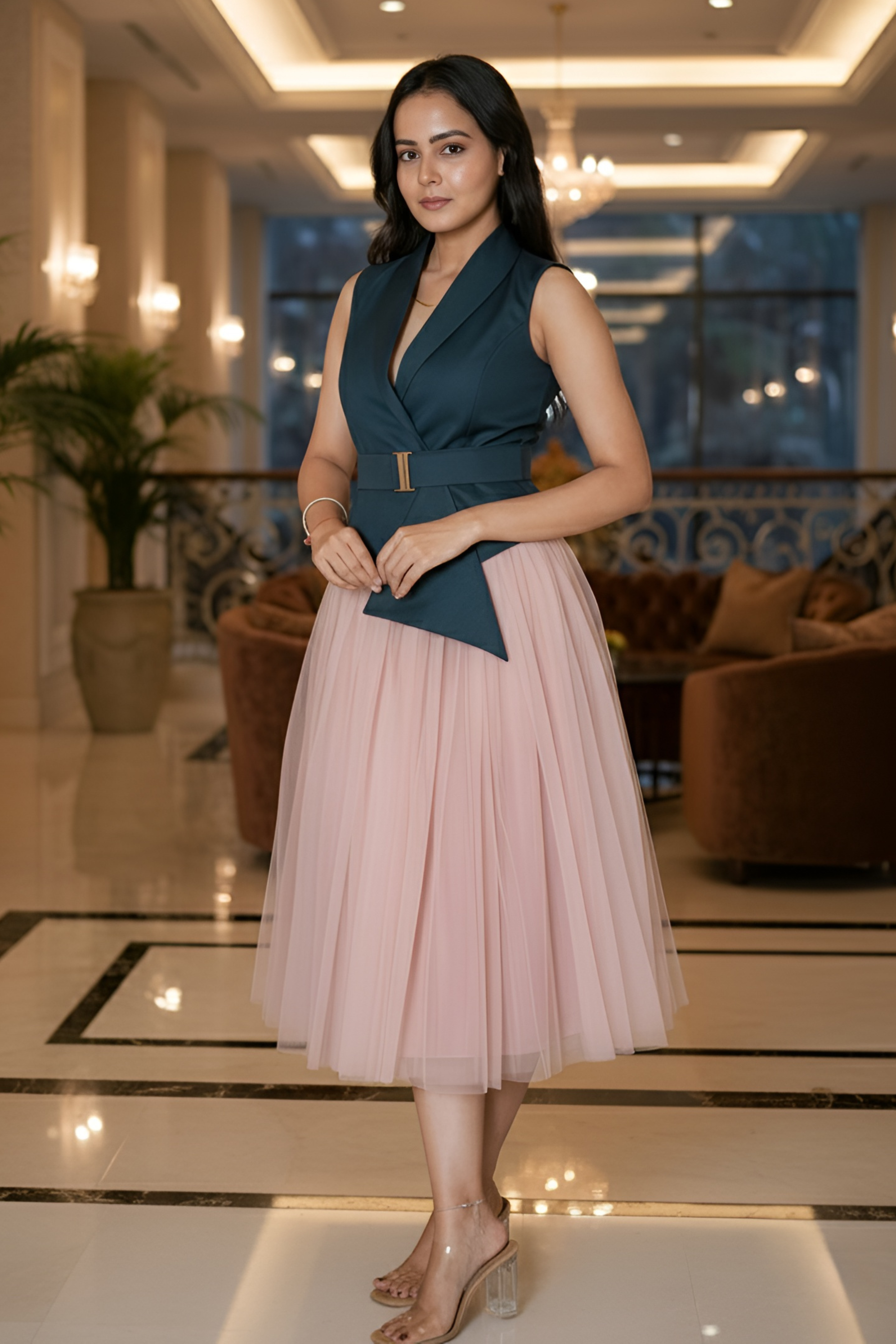 Salmon Pink Flowy Net Skirt