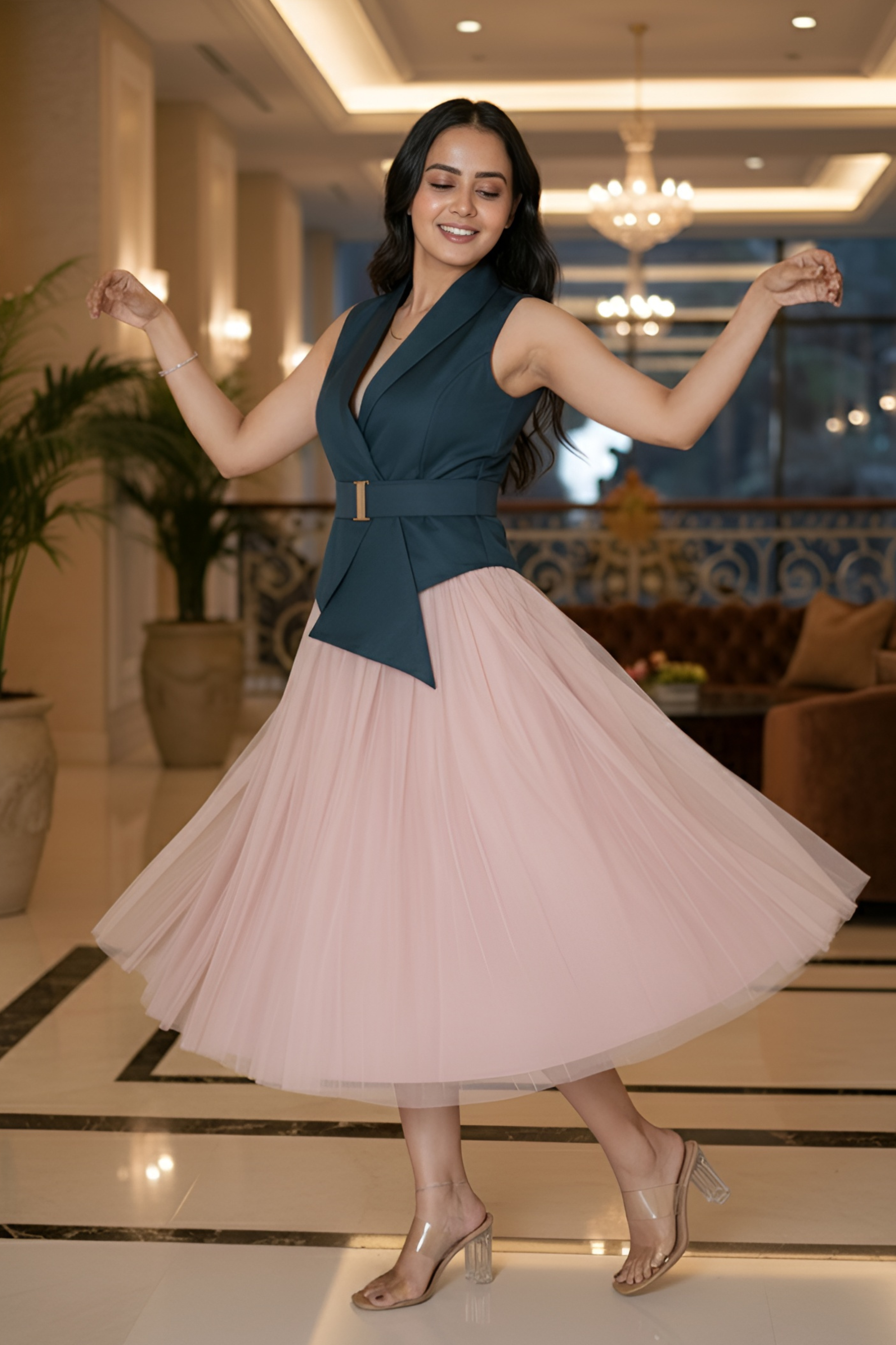 Salmon Pink Flowy Net Skirt