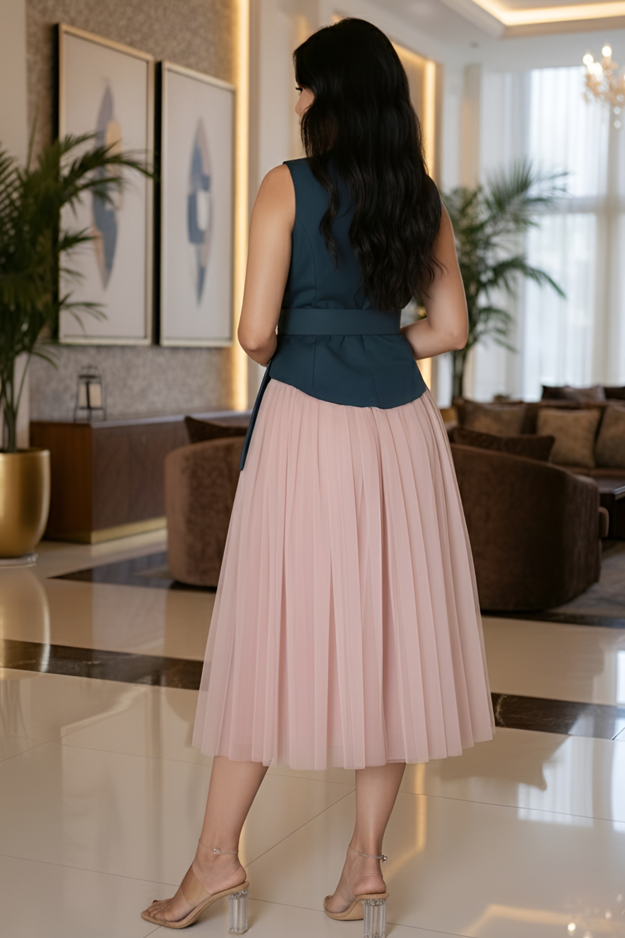 Salmon Pink Flowy Net Skirt