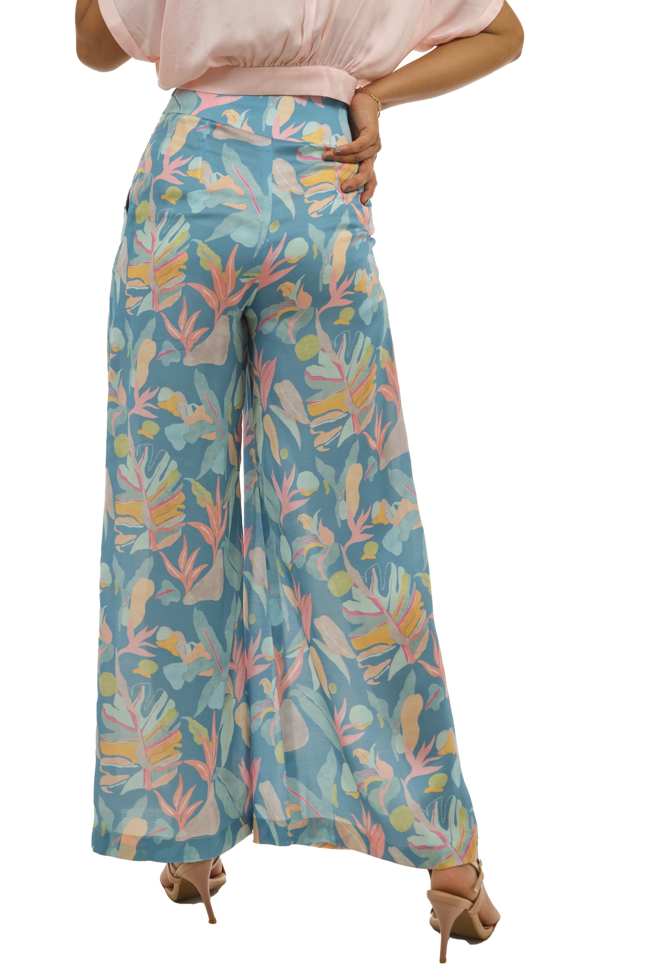 Turquoise Printed Pleated Pallazo