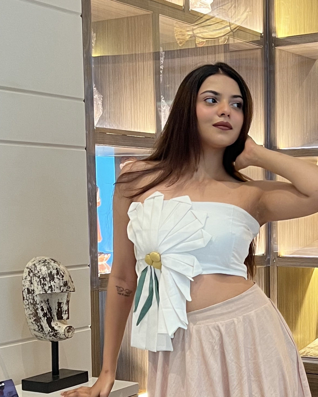 White 3D Floral  with flared skirt