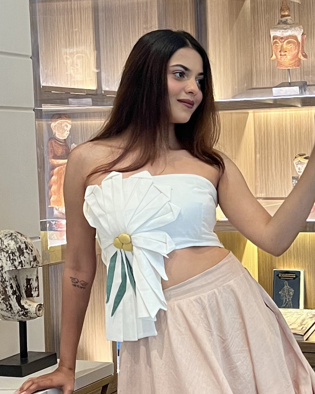 White 3D Floral  with flared skirt