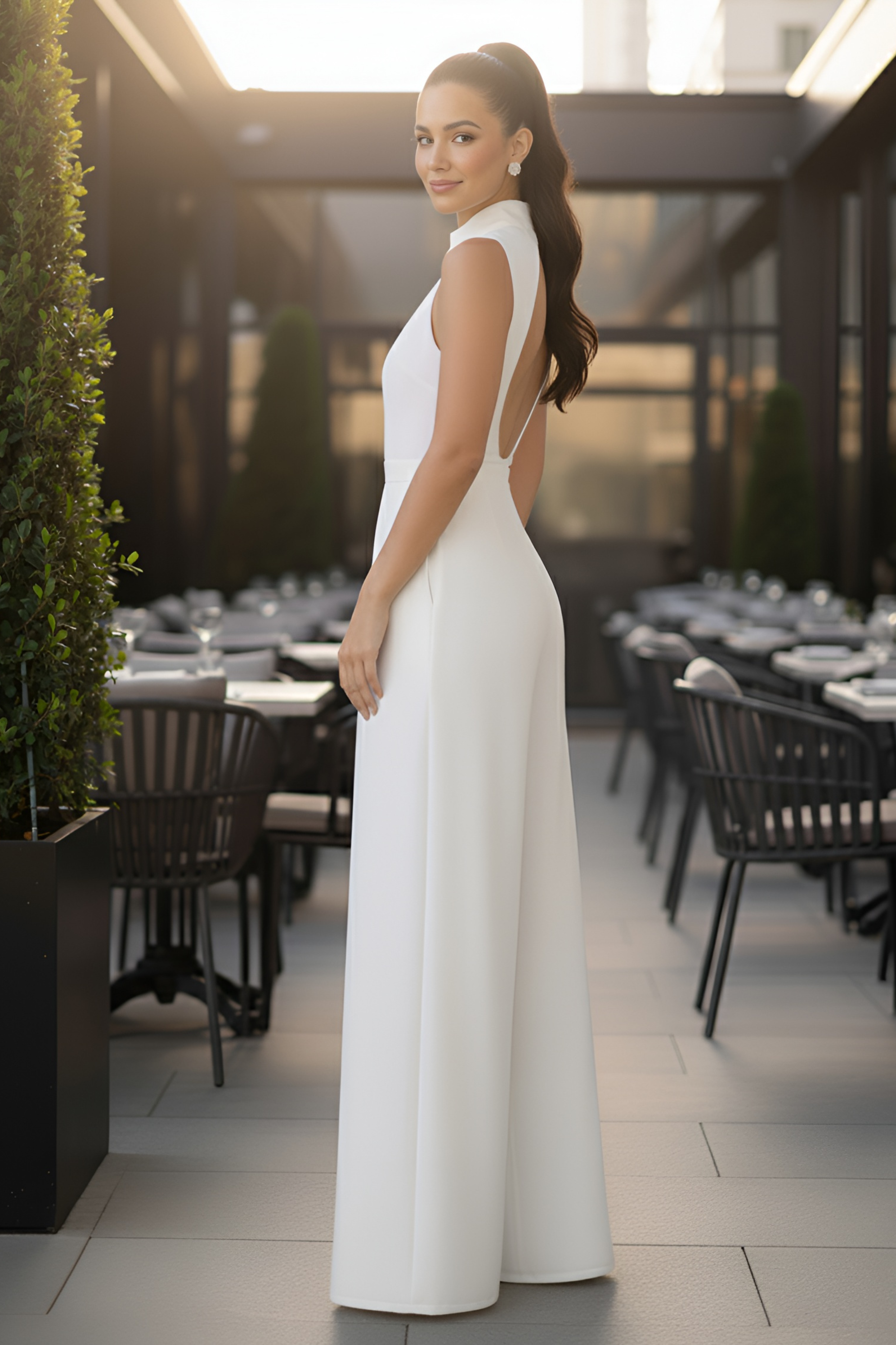 Ivory High-Collar Slit-Leg Jumpsuit