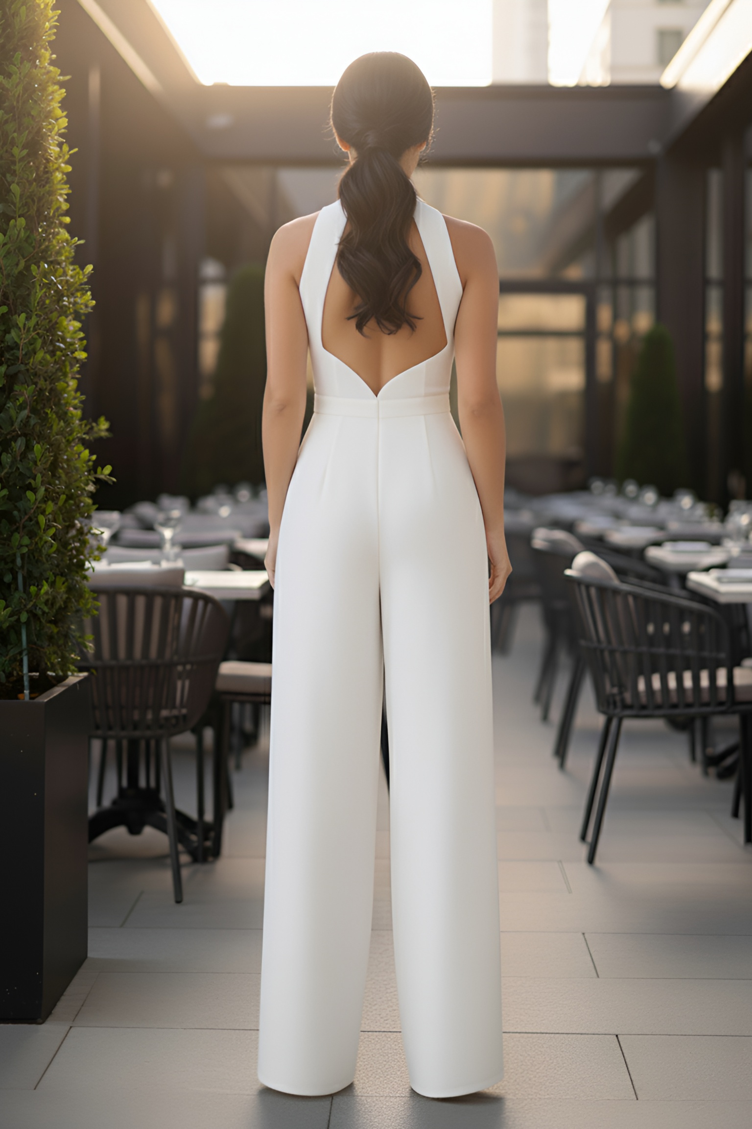 Ivory High-Collar Slit-Leg Jumpsuit