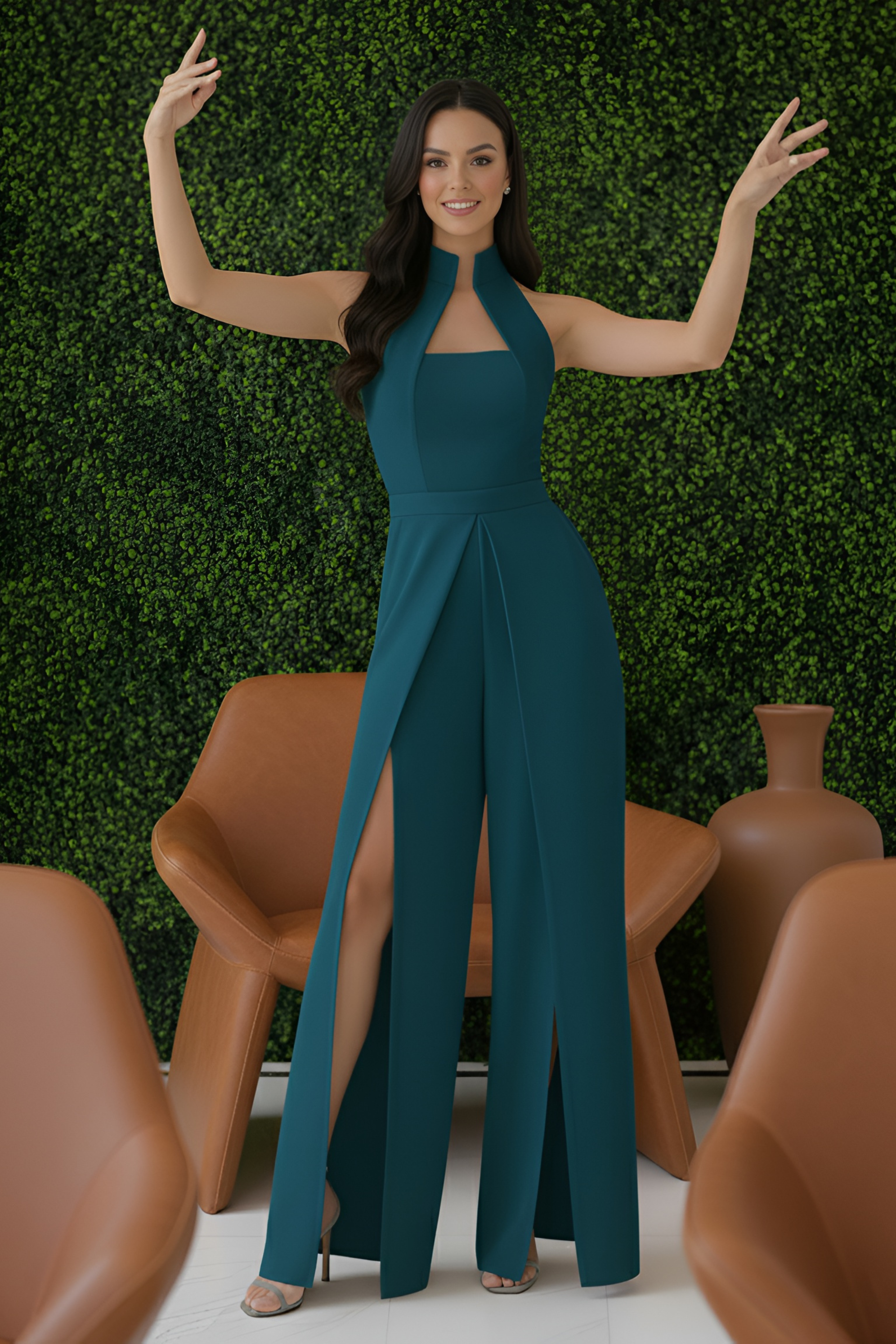 Teal High-Collar Slit-Leg Jumpsuit
