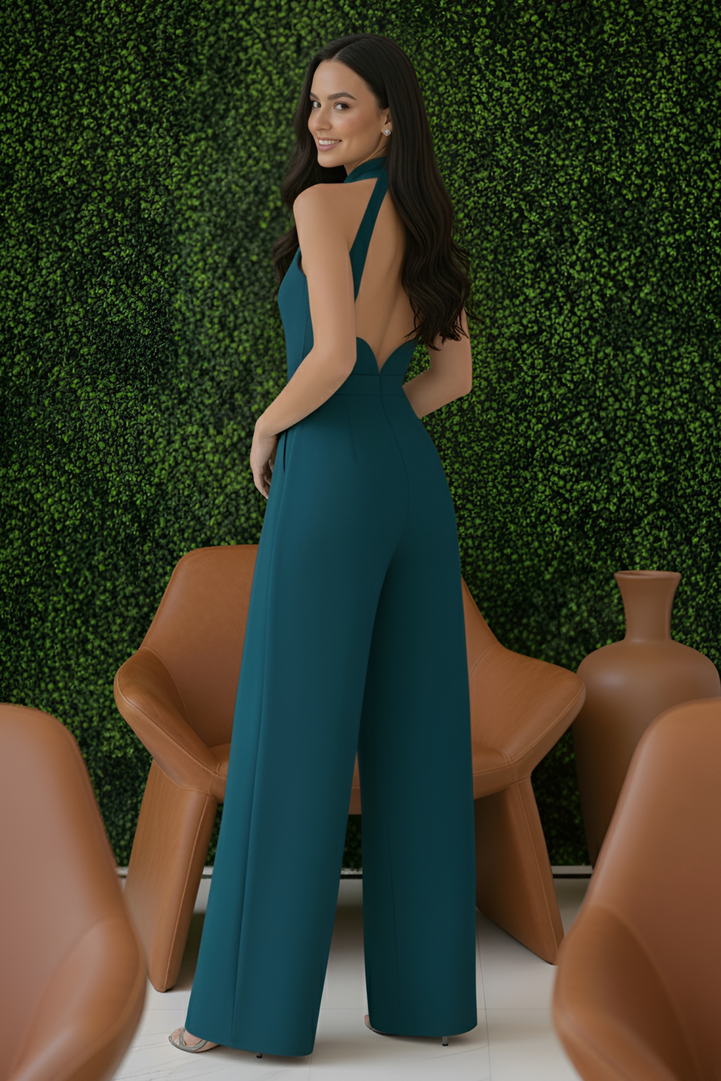 Teal High-Collar Slit-Leg Jumpsuit