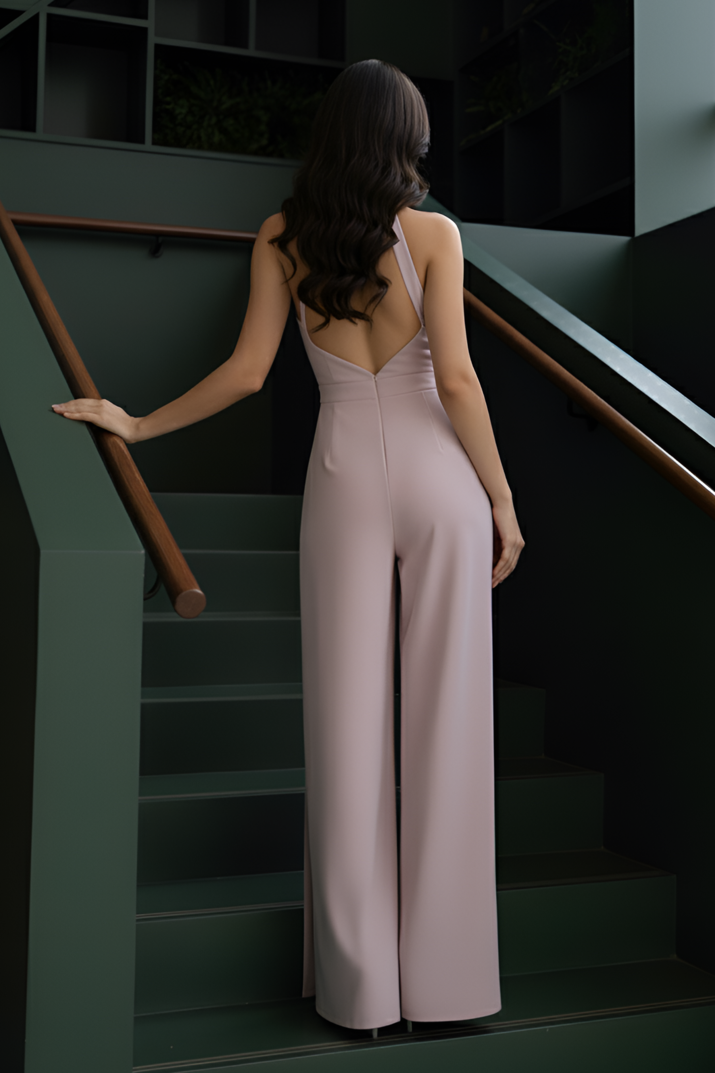Salmon Pink High-Collar Slit-Leg Jumpsuit