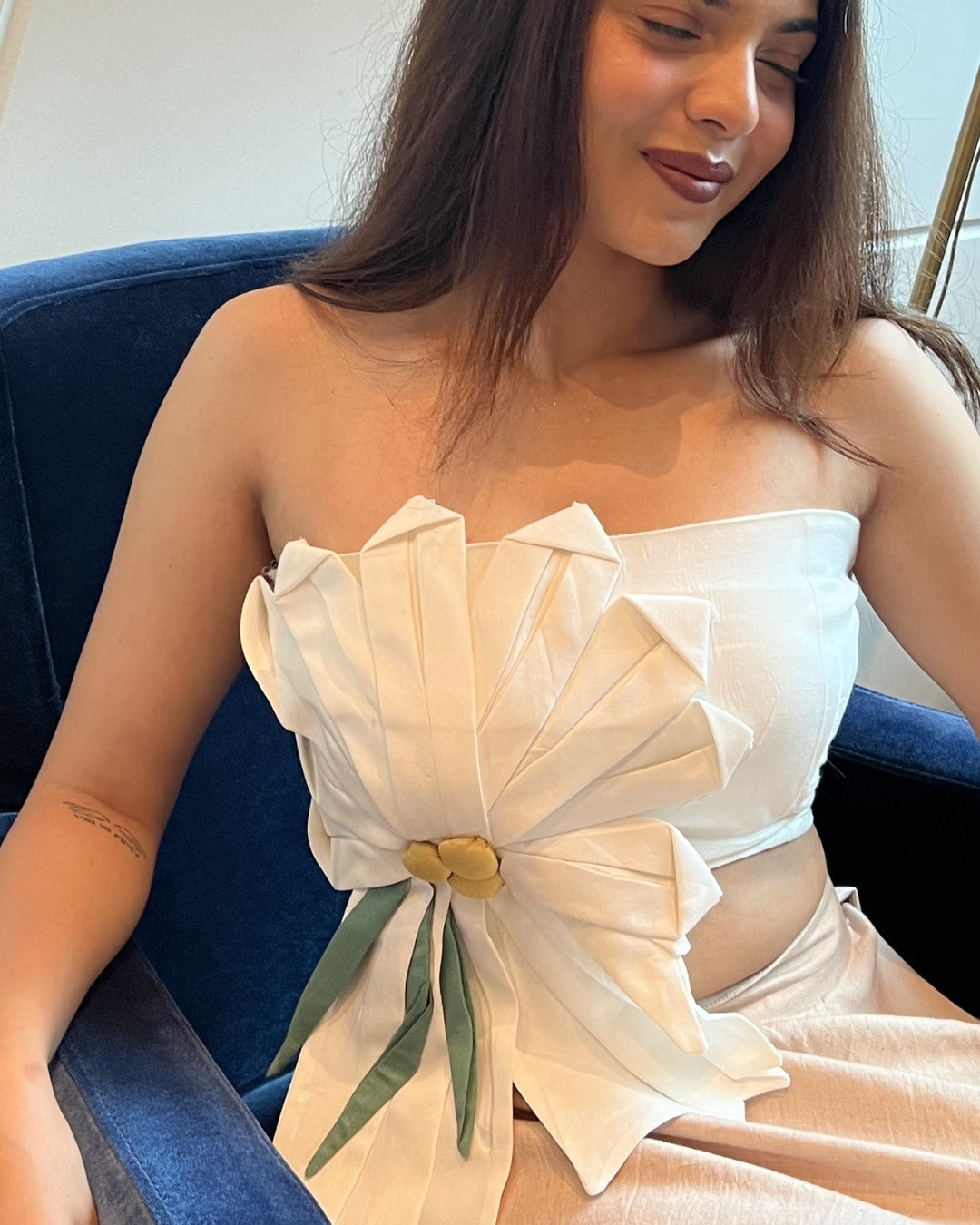 White 3D Floral  with flared skirt