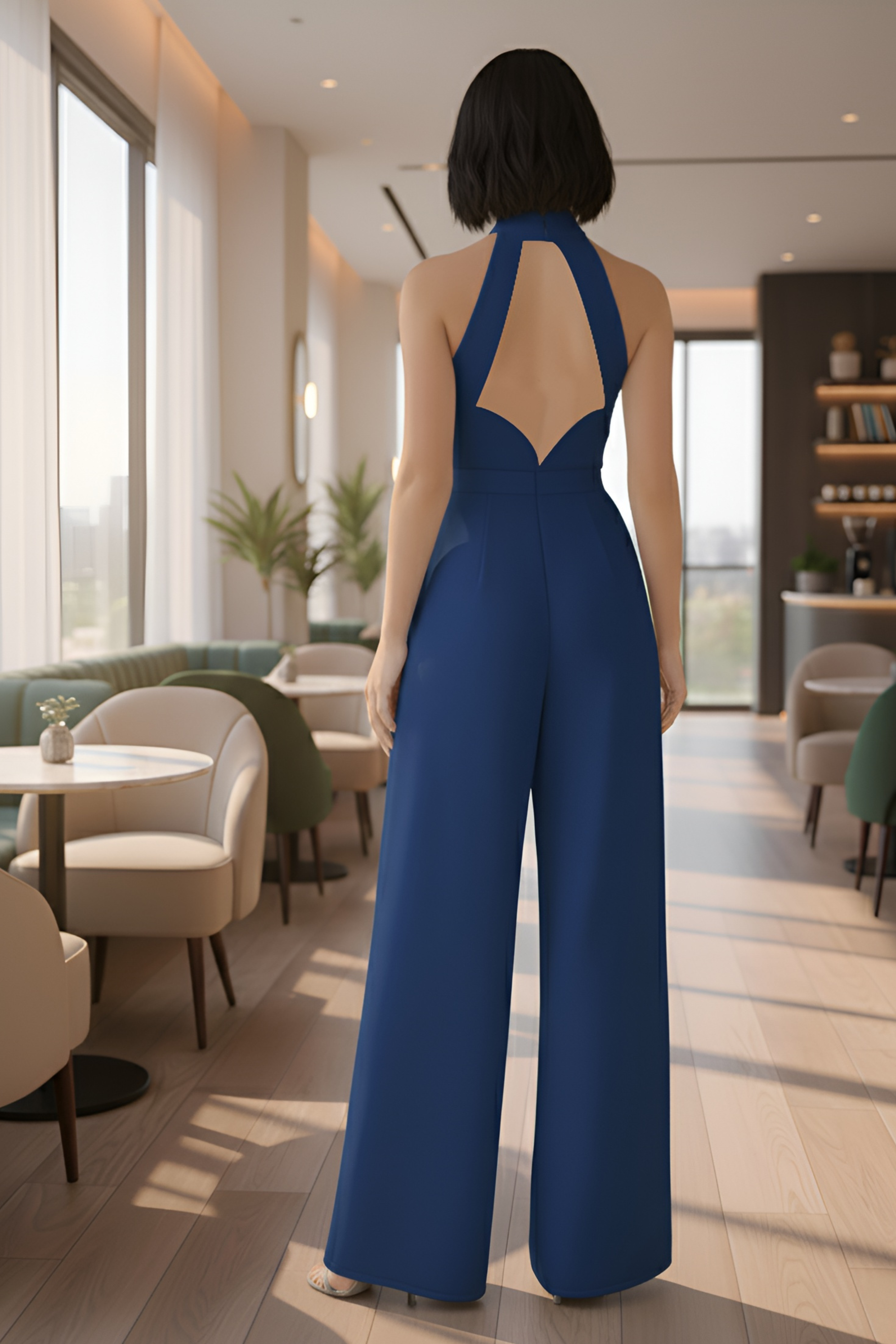 Ink Blue High-Collar Slit-Leg Jumpsuit