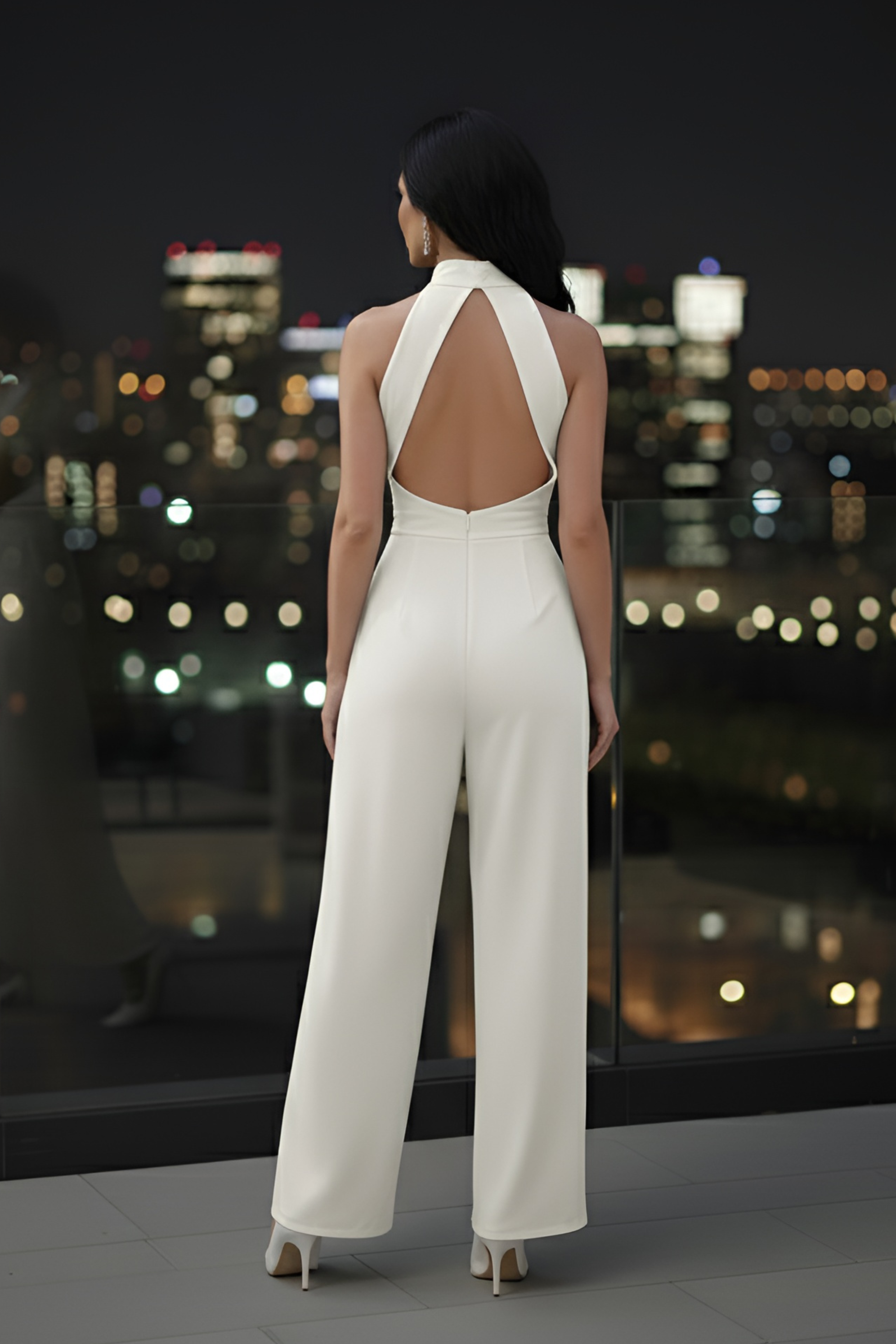 Ivory High-Collar Jumpsuit – Gold Buckle