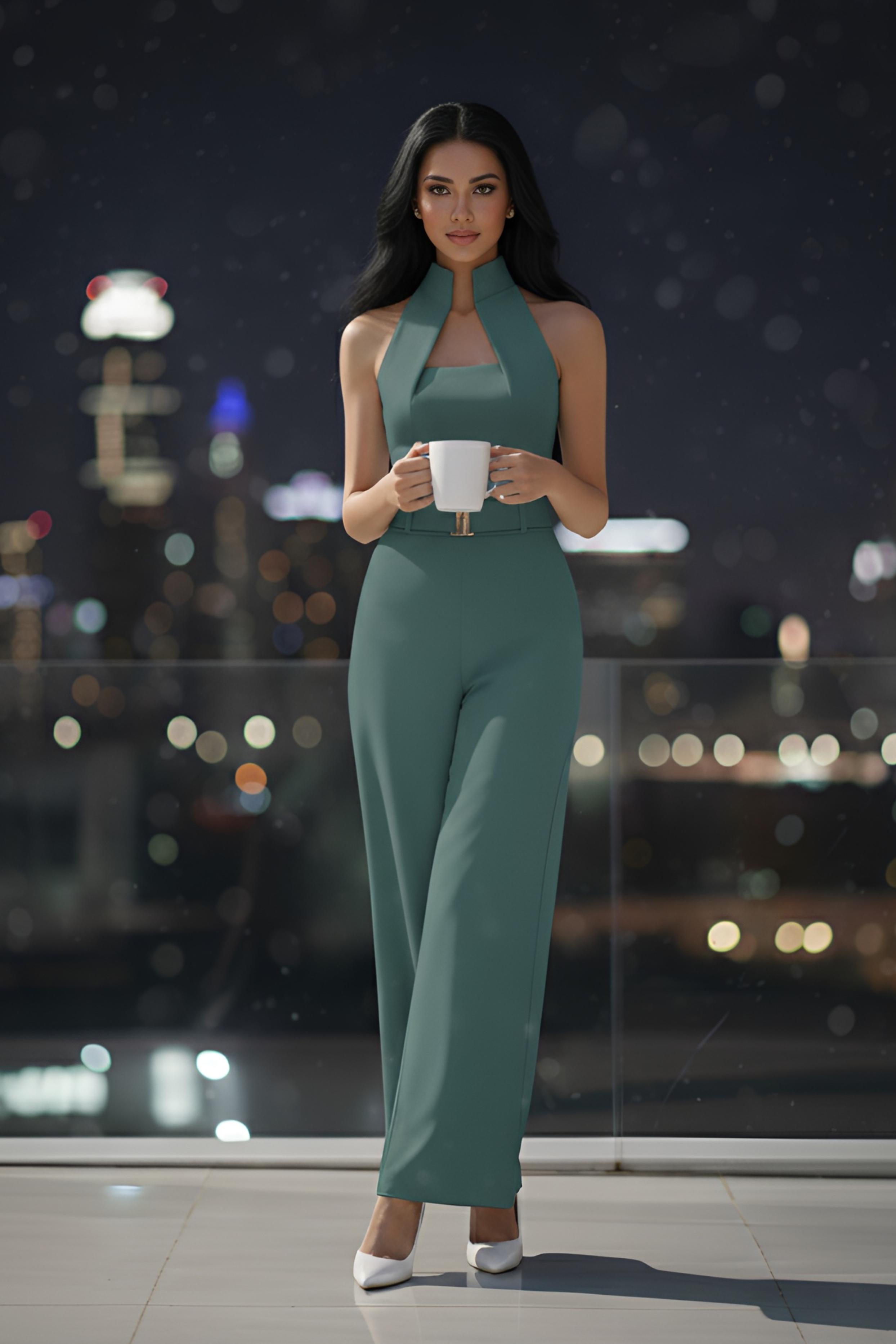 Sea-Green High-Collar Jumpsuit – Gold Buckle
