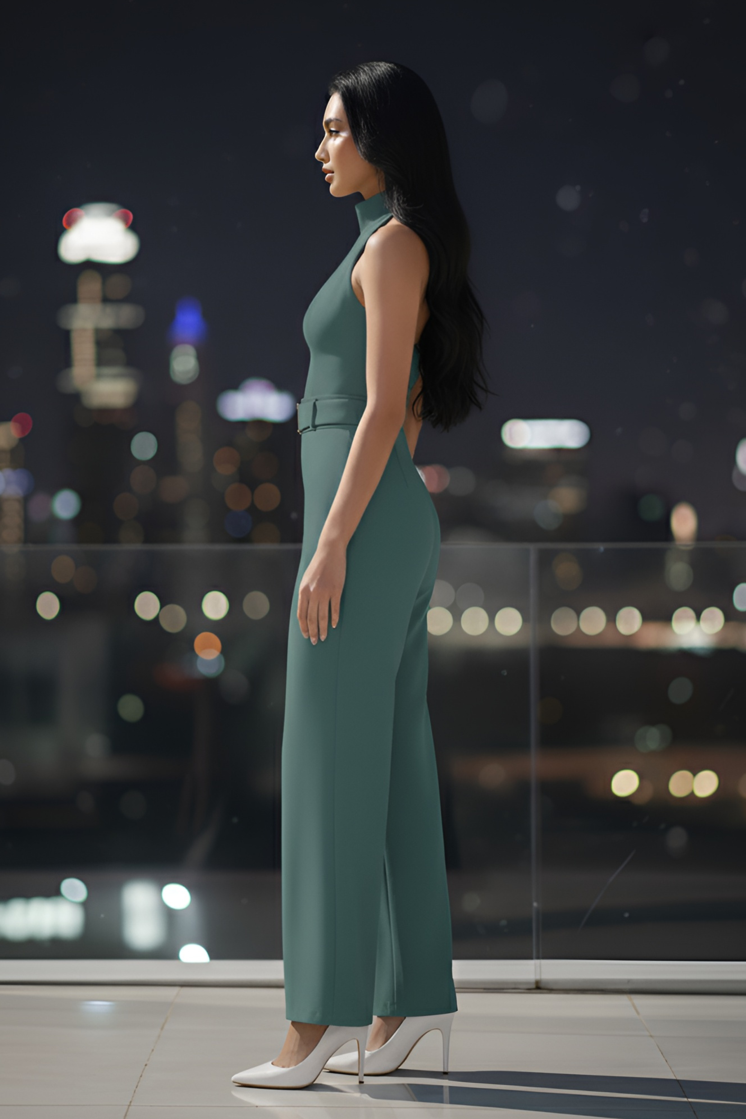 Sea-Green High-Collar Jumpsuit – Gold Buckle