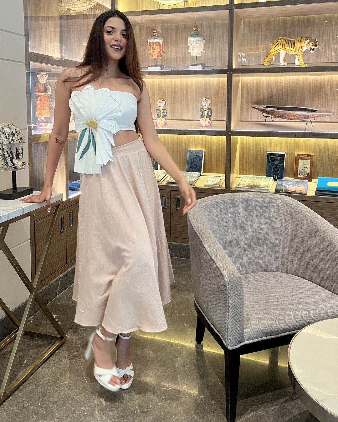 White 3D Floral  with flared skirt