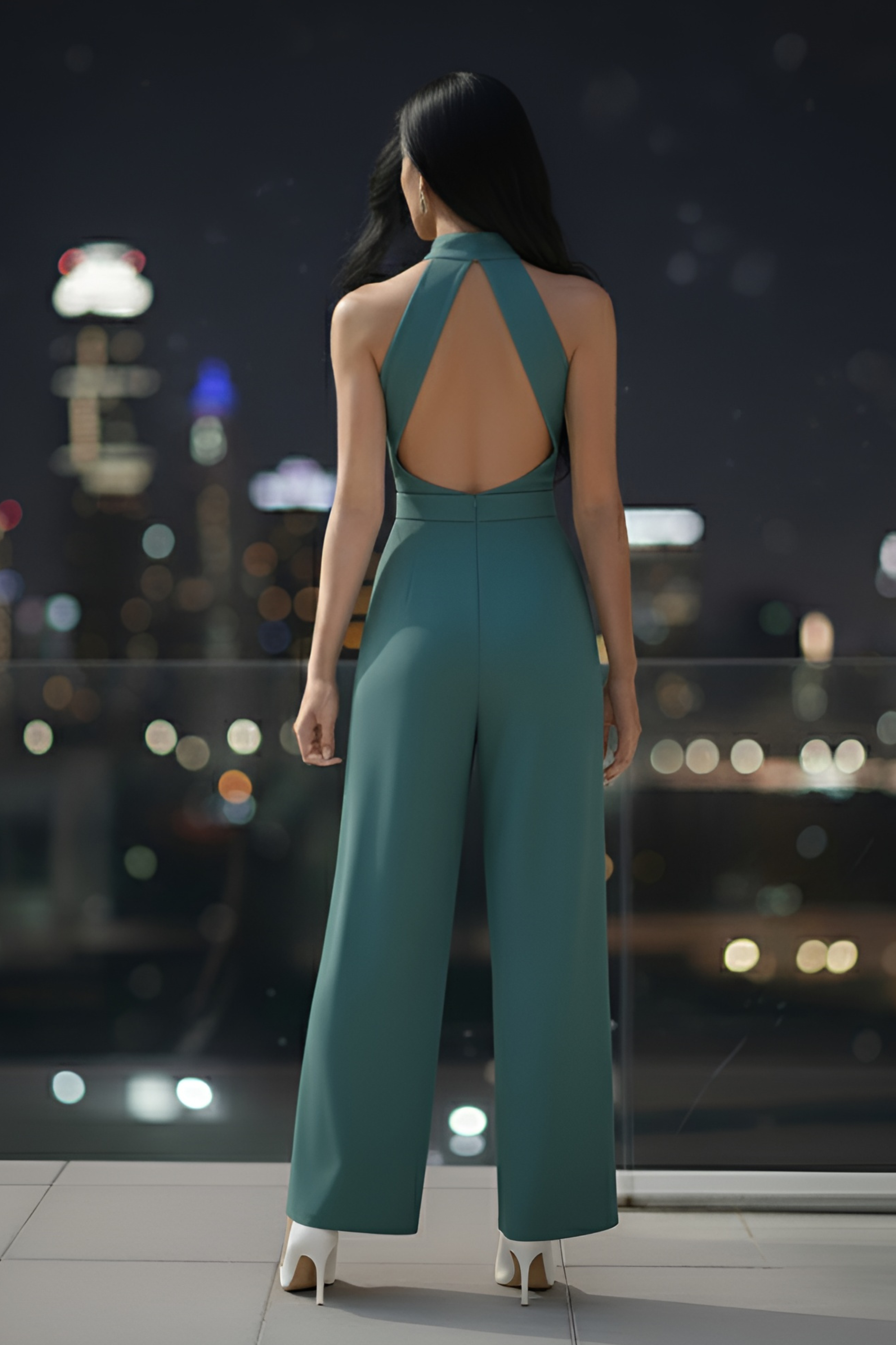 Sea-Green High-Collar Jumpsuit – Gold Buckle