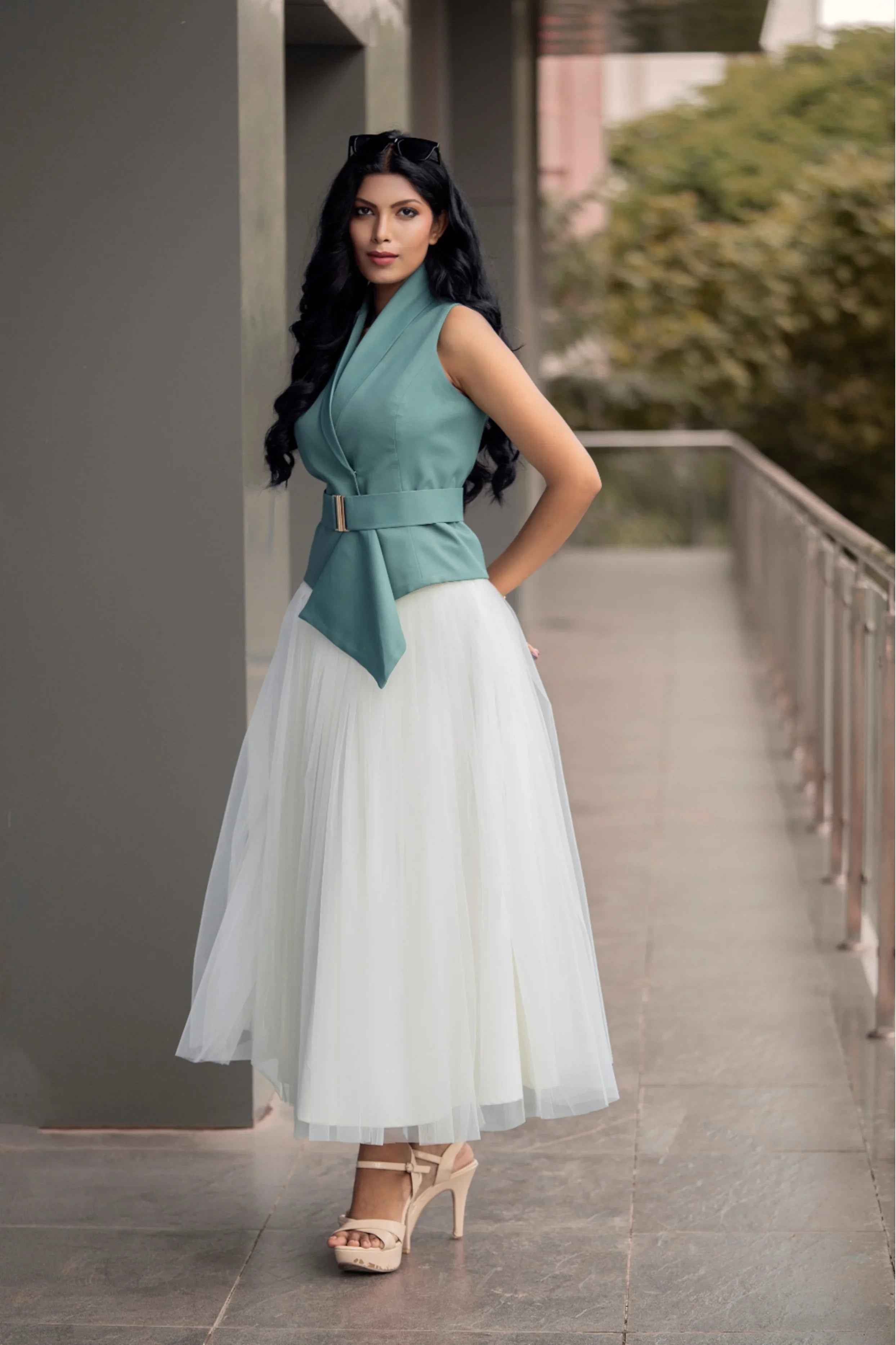Ivory Skirt & Sea Green Waist Coat – Serene Sophistication