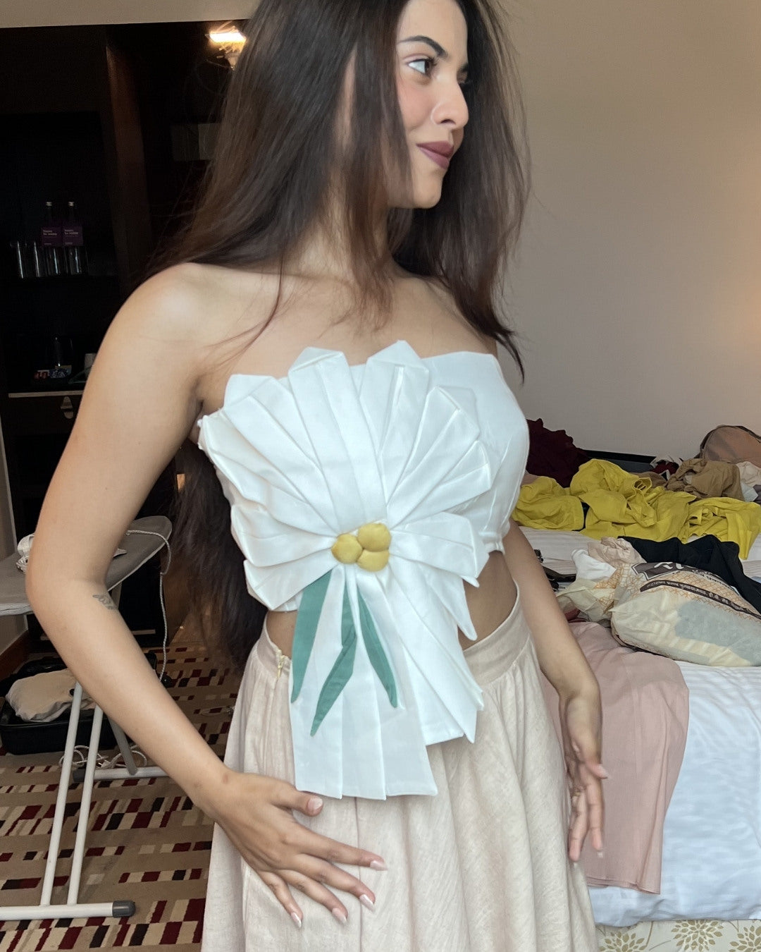 White 3D Floral  with flared skirt